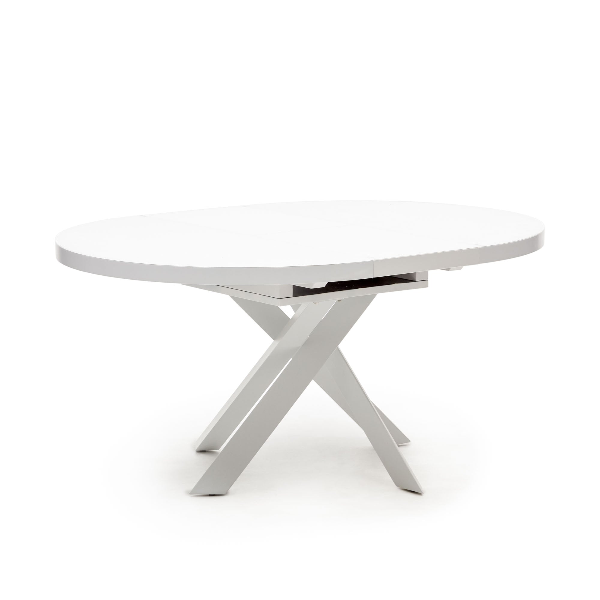 Vashti extendable round table in glass and MDF with steel legs in white, Ø 120(160)x120cm - Product Image