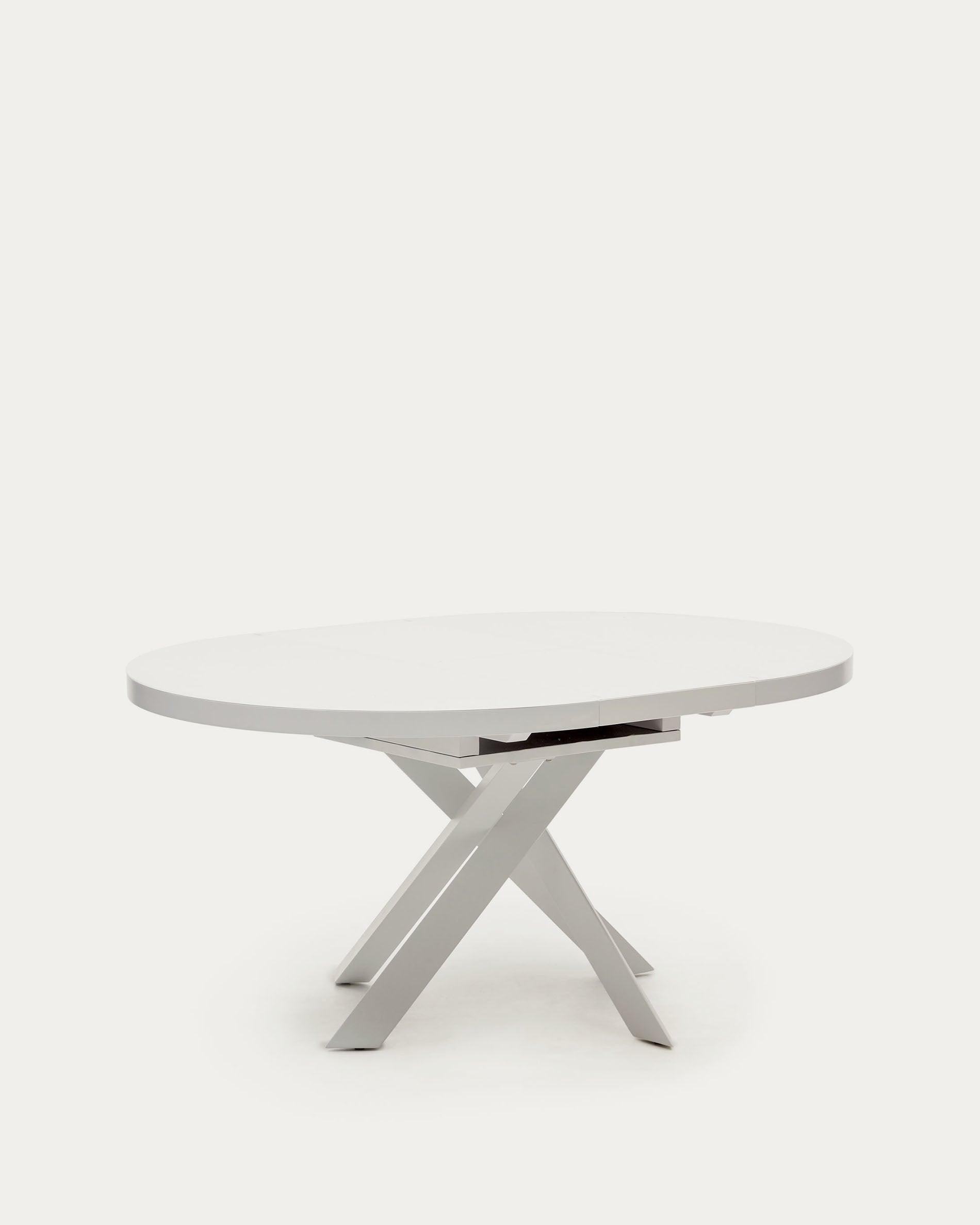 Vashti extendable round table in glass and MDF with steel legs in white, Ø 120(160)x120cm - Product View