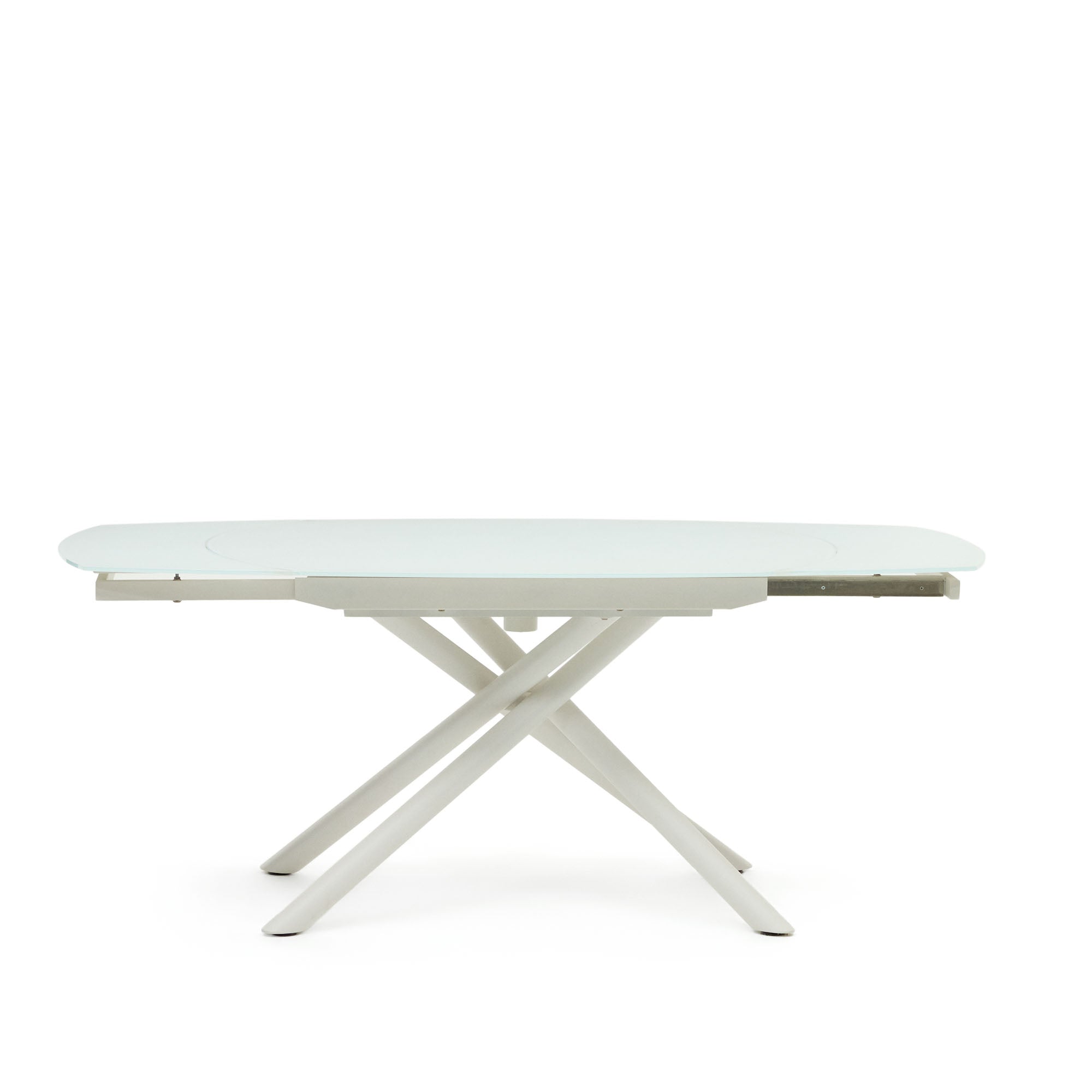 Yodalia extendable round table in glass and MDF with steel legs in white, 130 (190) x 100 cm - Product Image