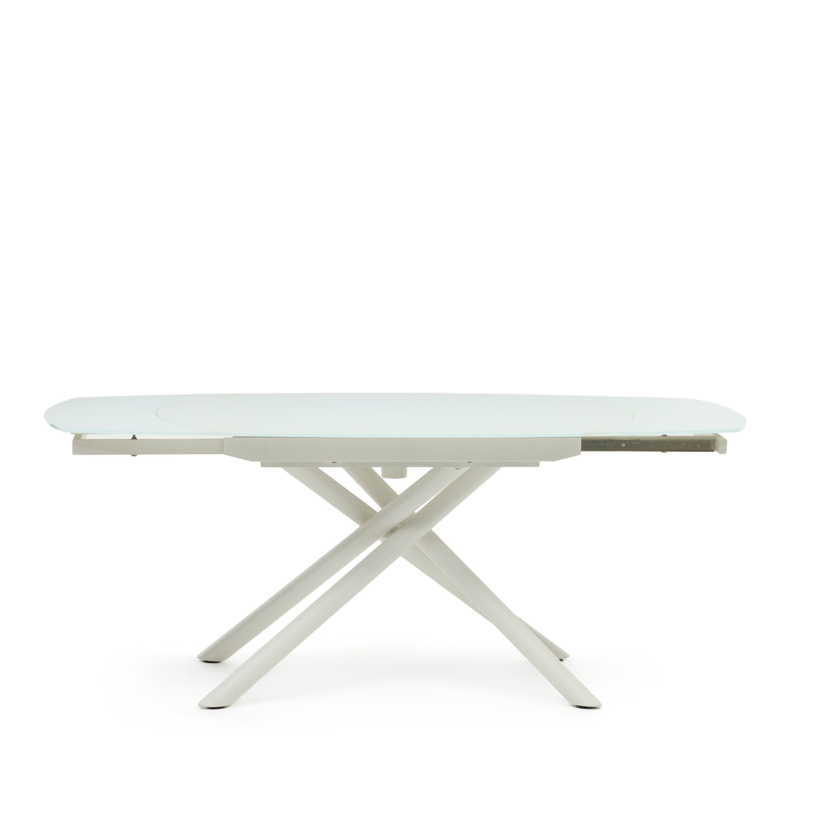 Yodalia extendable round table in glass and MDF with steel legs in white, 130 (190) x 100 cm - Product Image