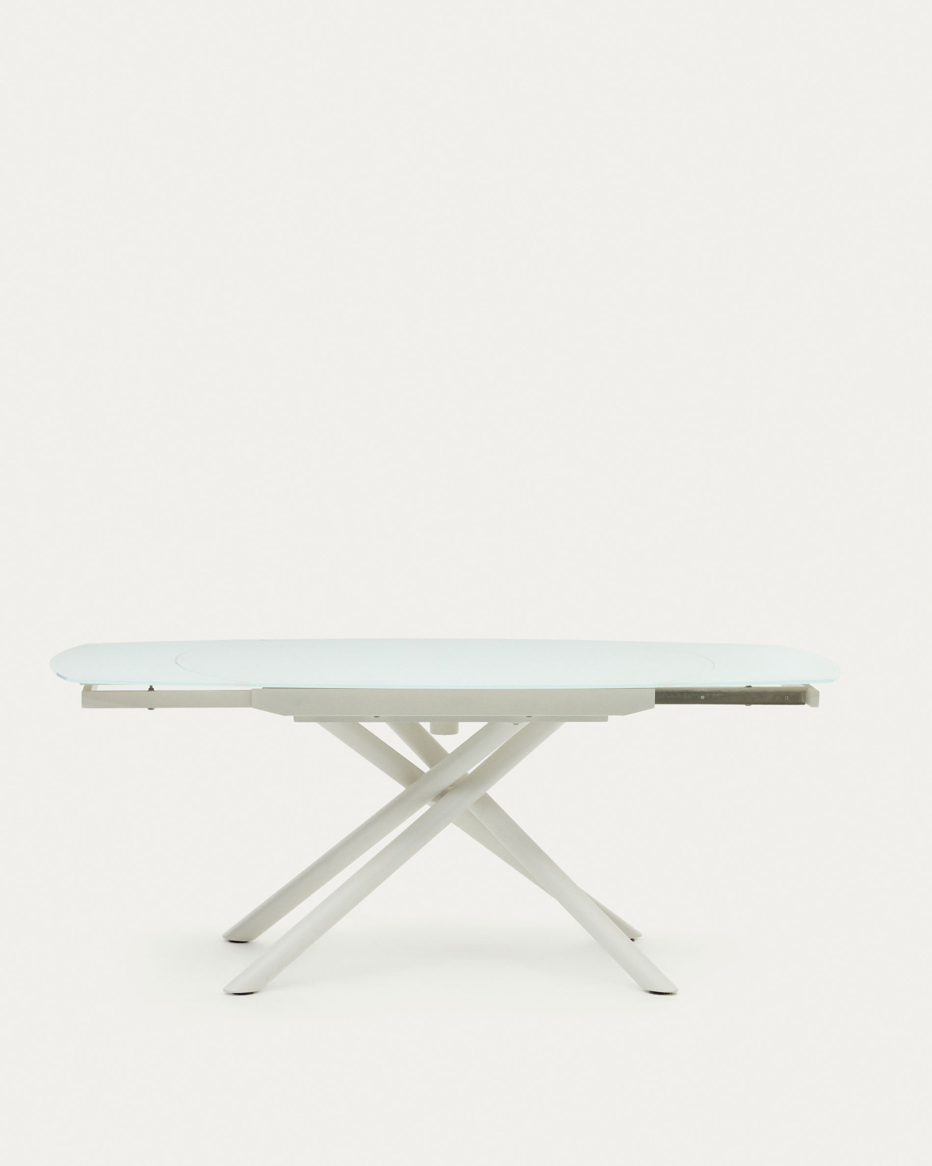 Yodalia extendable round table in glass and MDF with steel legs in white, 130 (190) x 100 cm - Product View