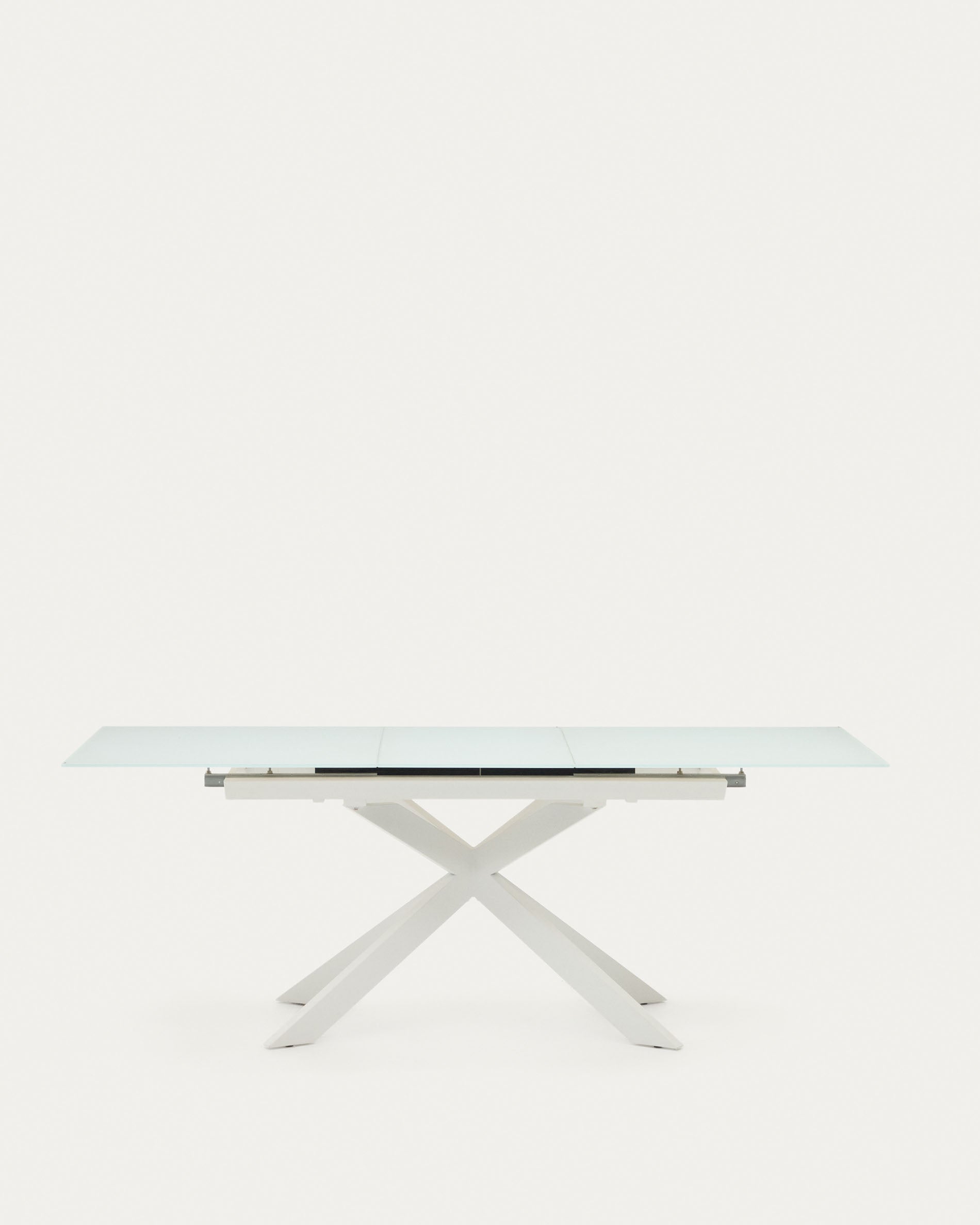 Atminda extendable table in glass and MDF with steel legs in white, 160 (210) x 90 cm - Product View