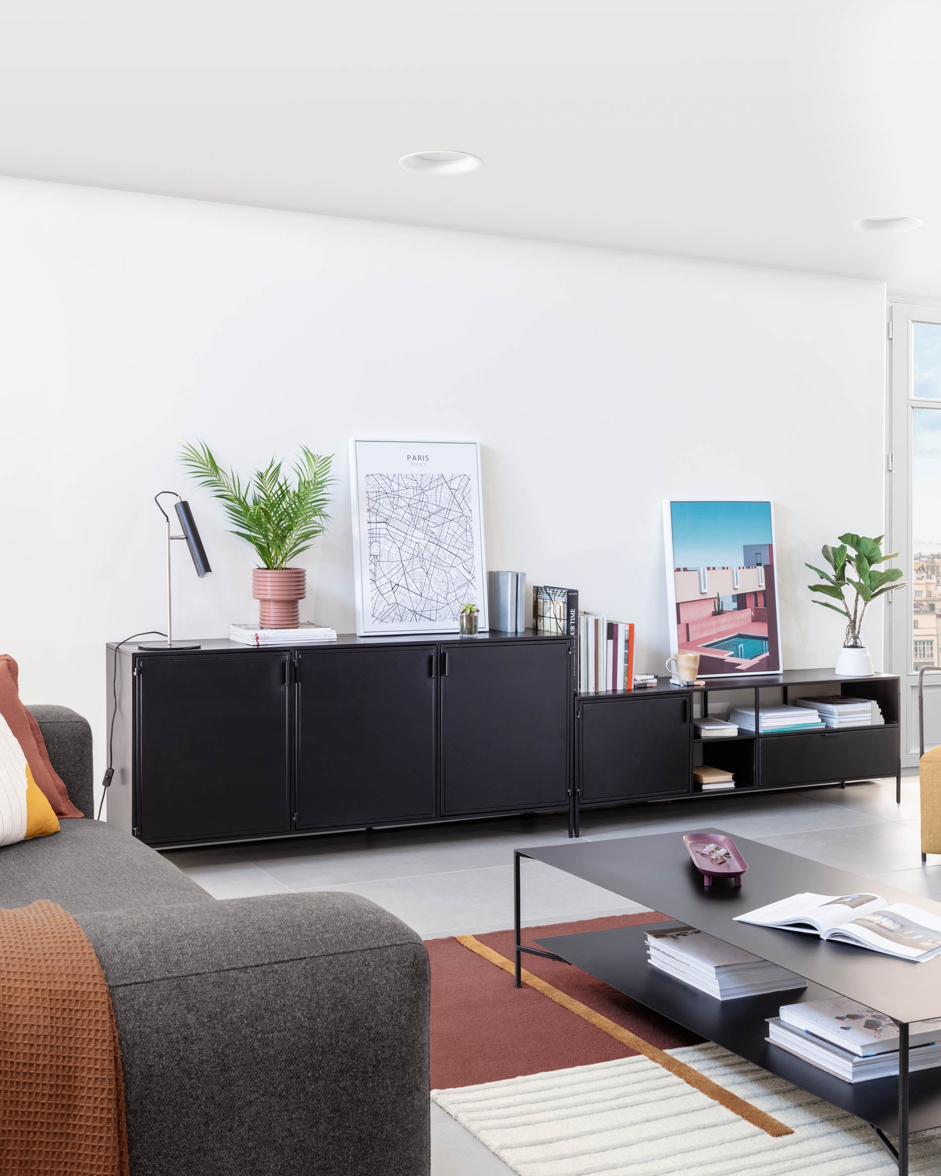 Shantay metal sideboard in a painted black finish with 3 doors, 160 x 72 cm - Lifestyle