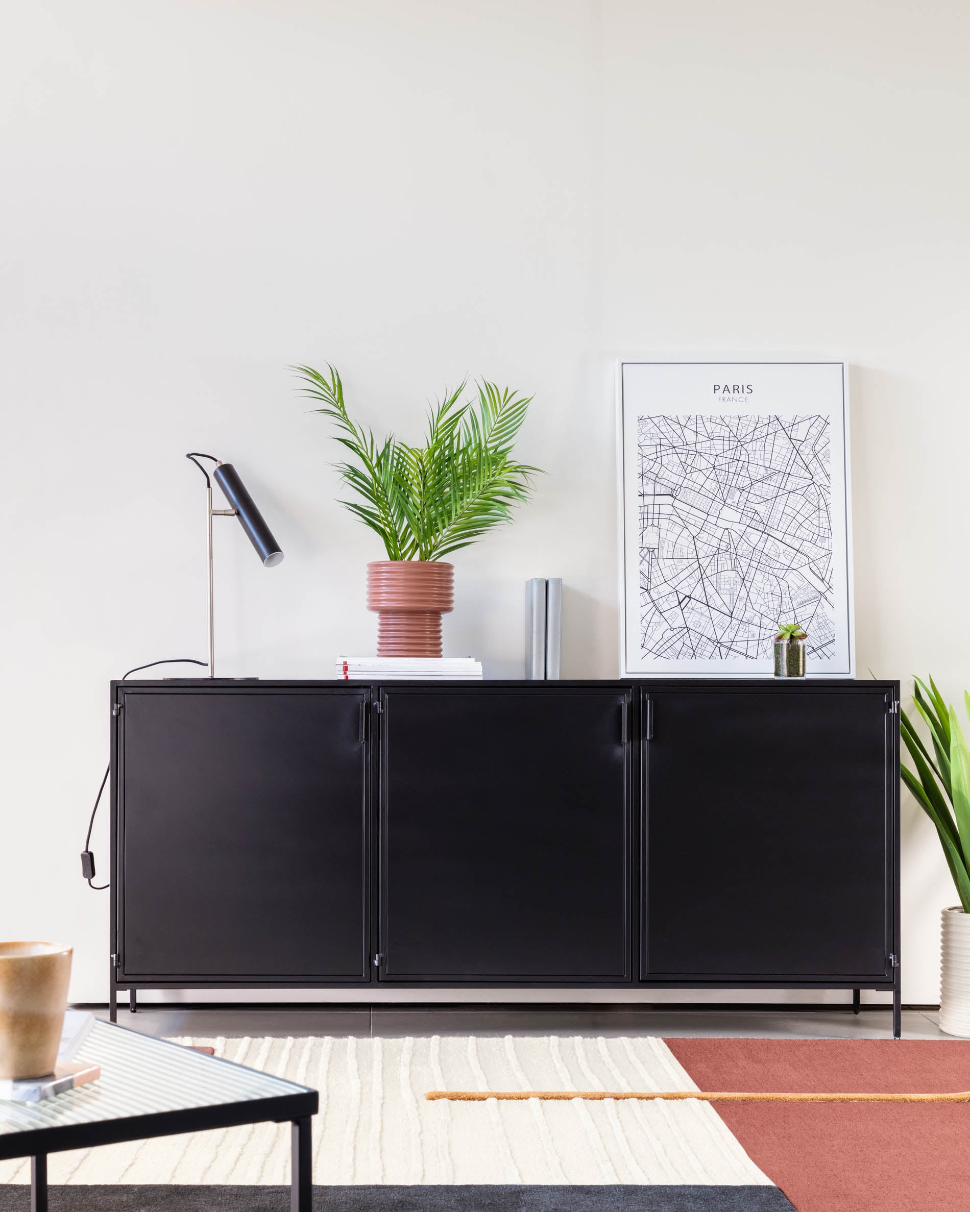 Shantay metal sideboard in a painted black finish with 3 doors, 160 x 72 cm - Lifestyle