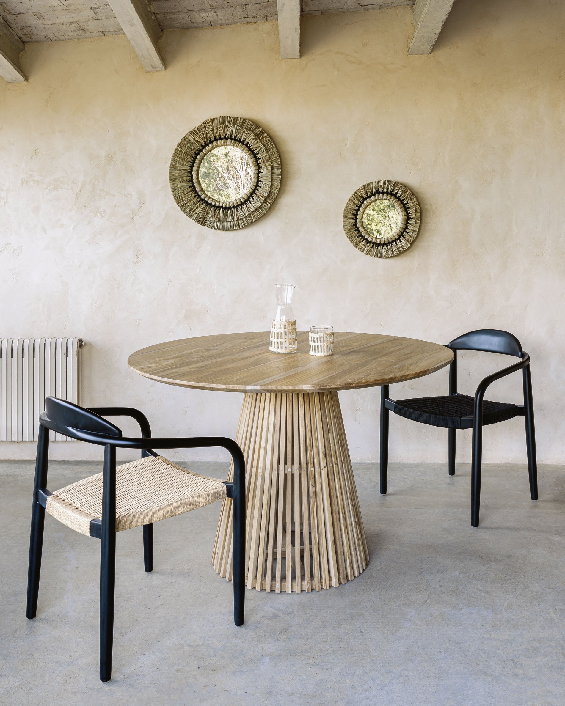 Nina stackable chair in solid acacia wood with black finish and black rope seat FSC 100% - Lifestyle