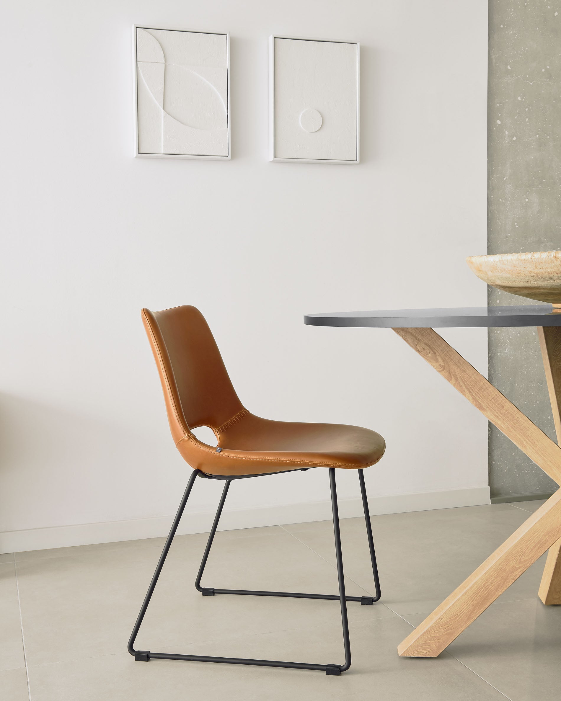 Zahara synthetic leather brown chair with steel legs with black finish - Lifestyle