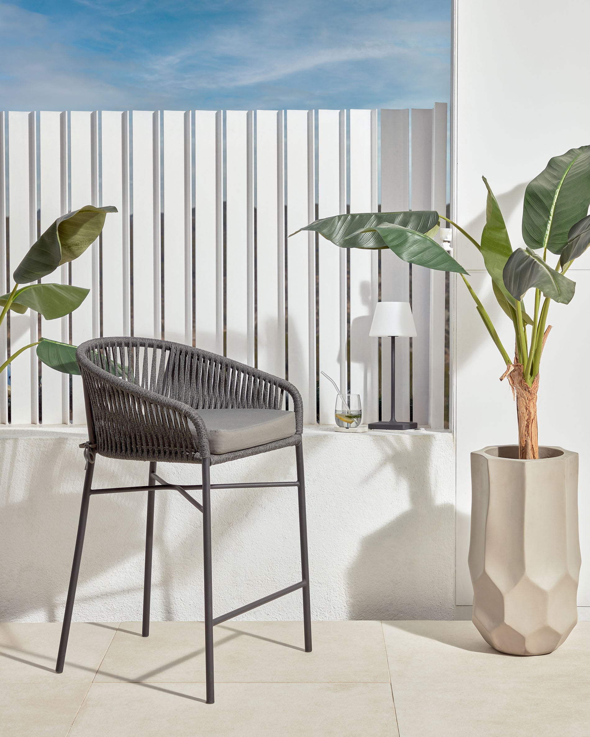 Yanet stool made from black cord and galvanised steel, height 80 cm - Lifestyle