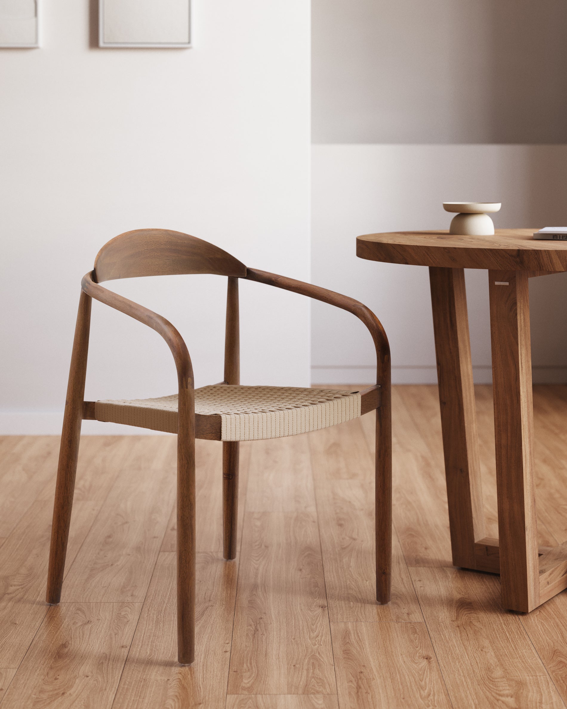 Nina stackable chair in solid acacia wood with walnut finish and beige rope seat FSC 100% - Lifestyle