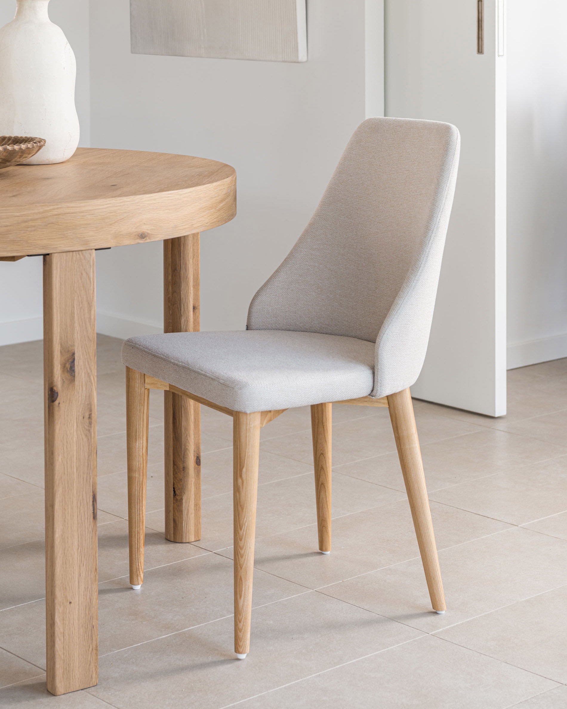 Rosie chair in beige chenille with solid ash wood legs in a natural finish - Lifestyle