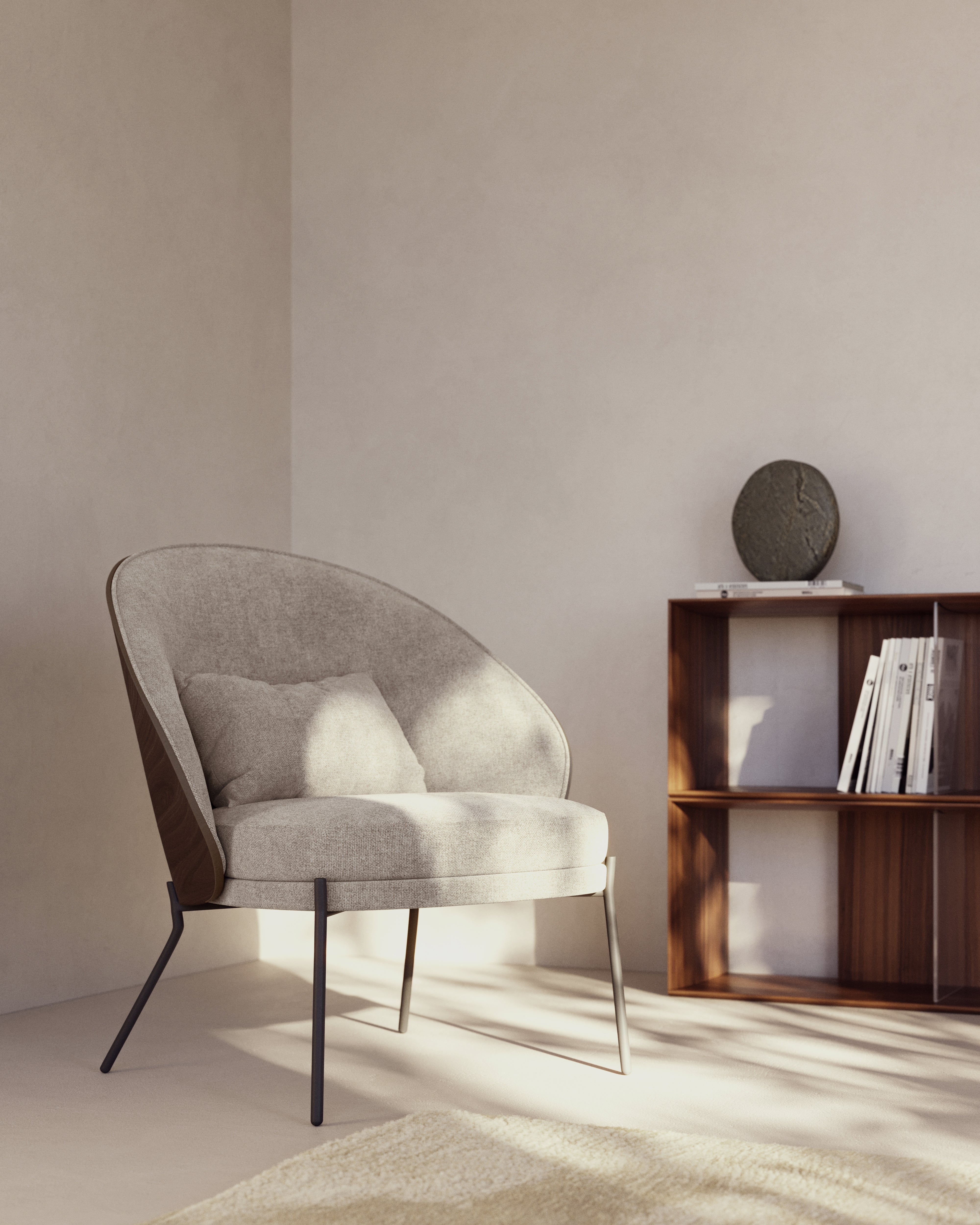 Eamy light brown armchair in an ash wood veneer with a walnut finish and black metal - Lifestyle