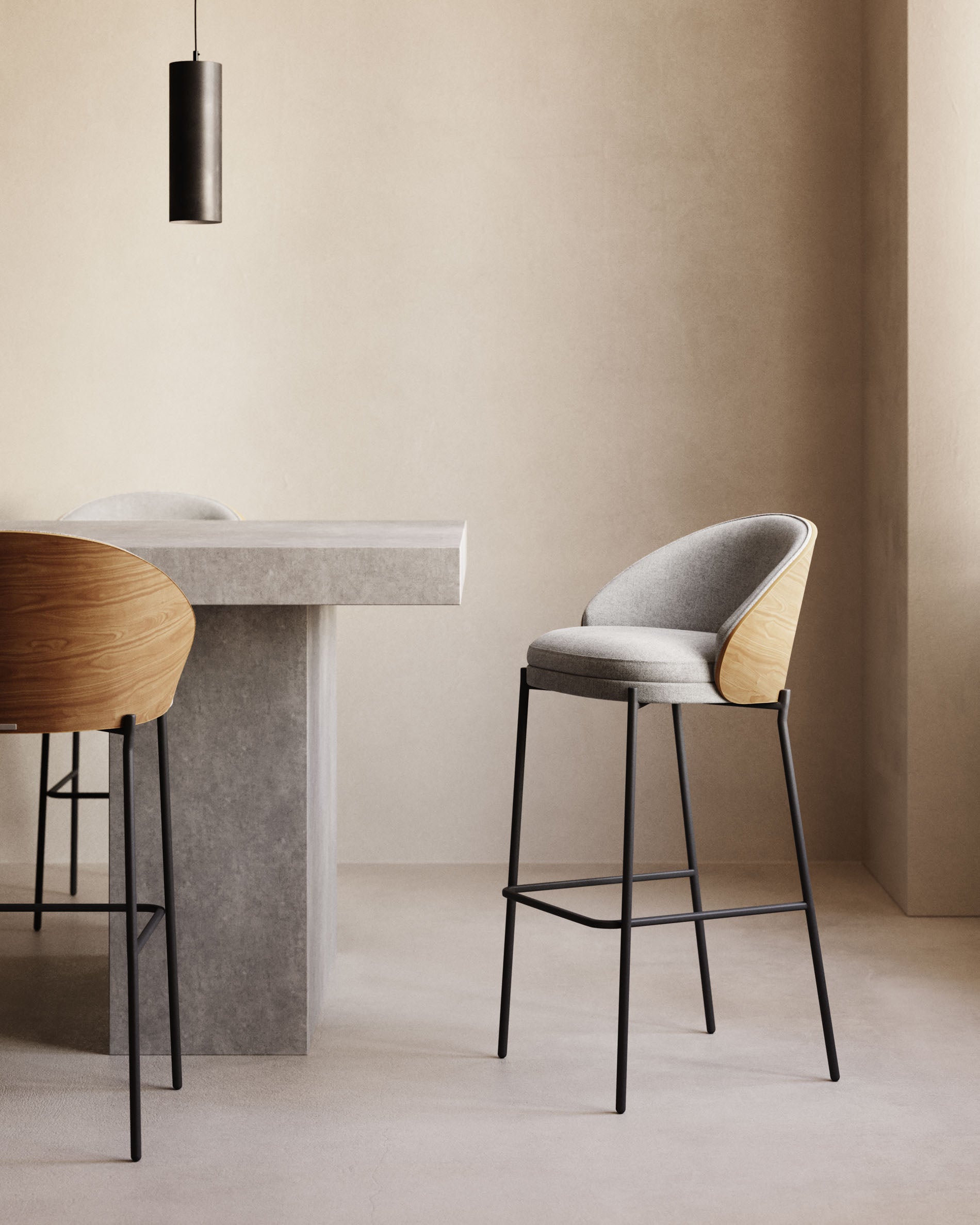Eamy stool light grey chenille and ash wood veneer with a natural finish and black metal, 77 cm - Lifestyle