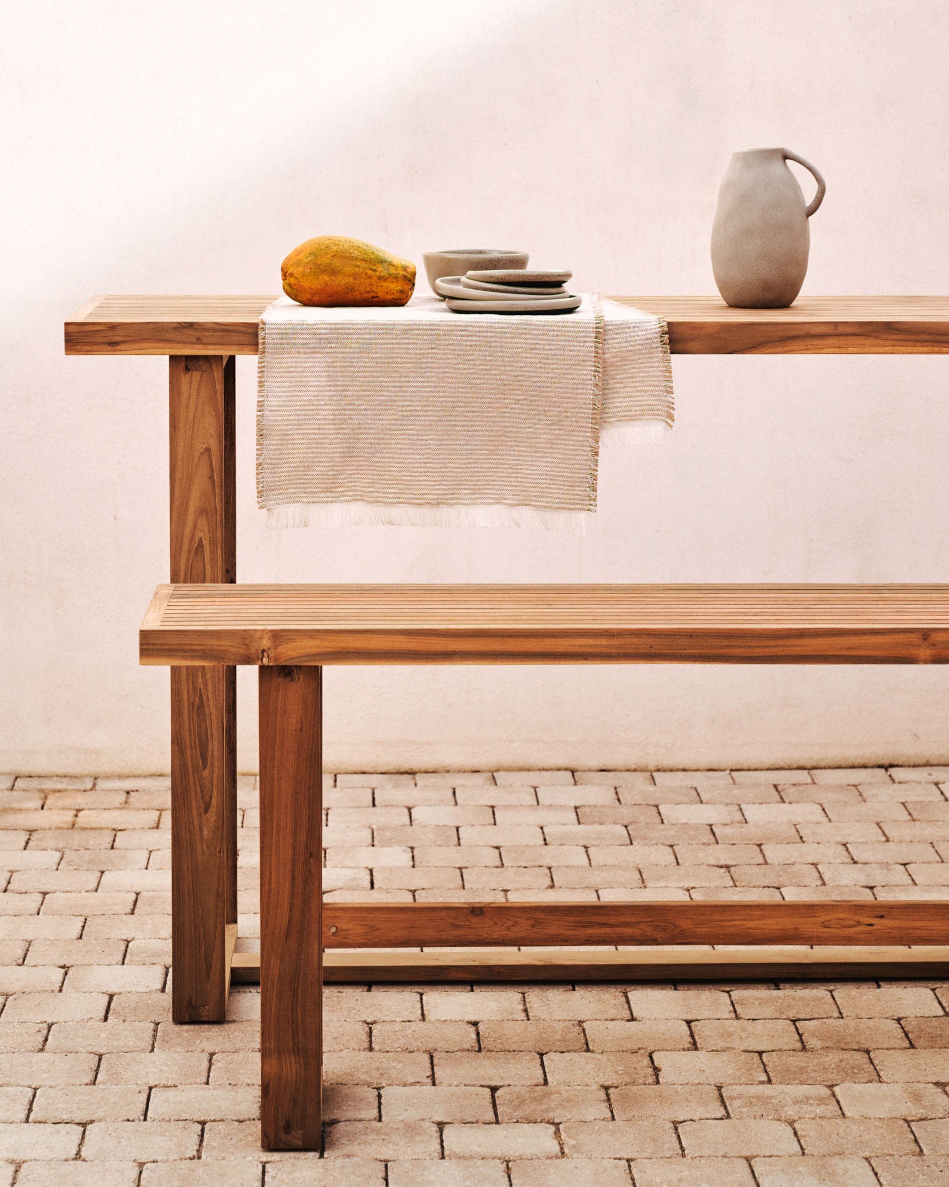 Canadell 100% outdoor solid recycled teak tall bench, 130 cm - Lifestyle