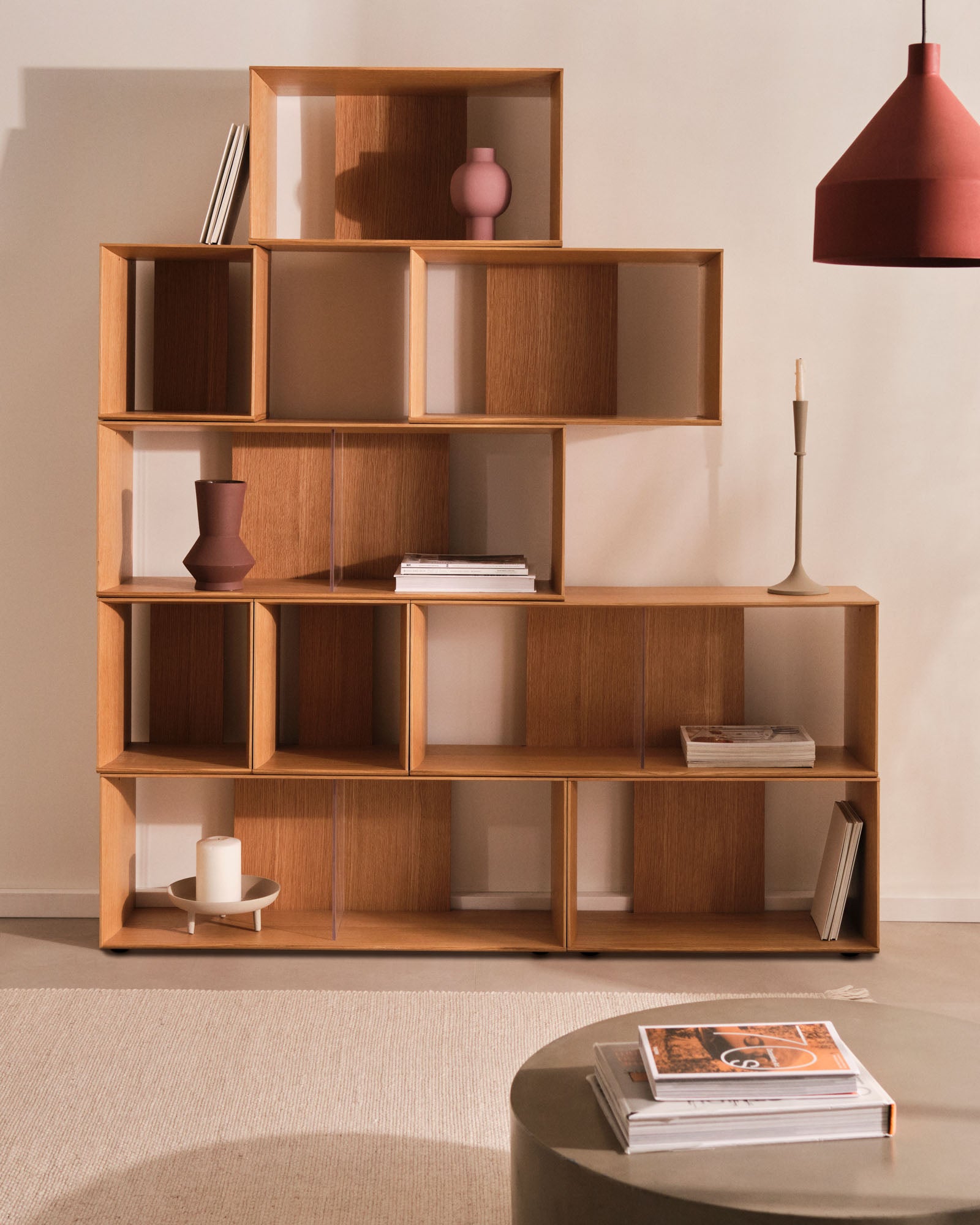 Litto set of 6 modular shelving units in oak wood veneer, 101 x 152 cm - Lifestyle