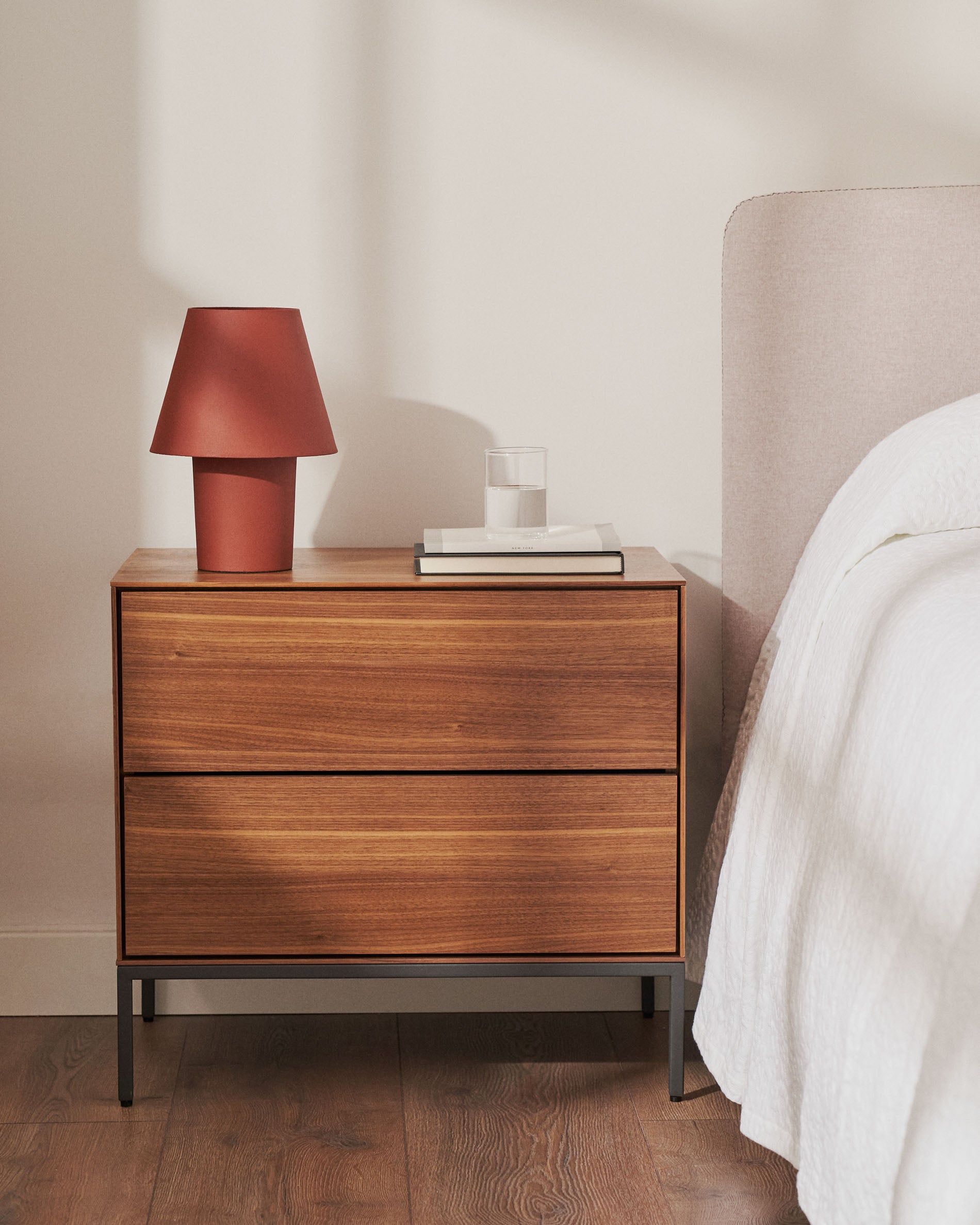 Vedrana bedside table, 2 walnut veneer drawers, and black steel legs, 60 x 55 cm - Lifestyle