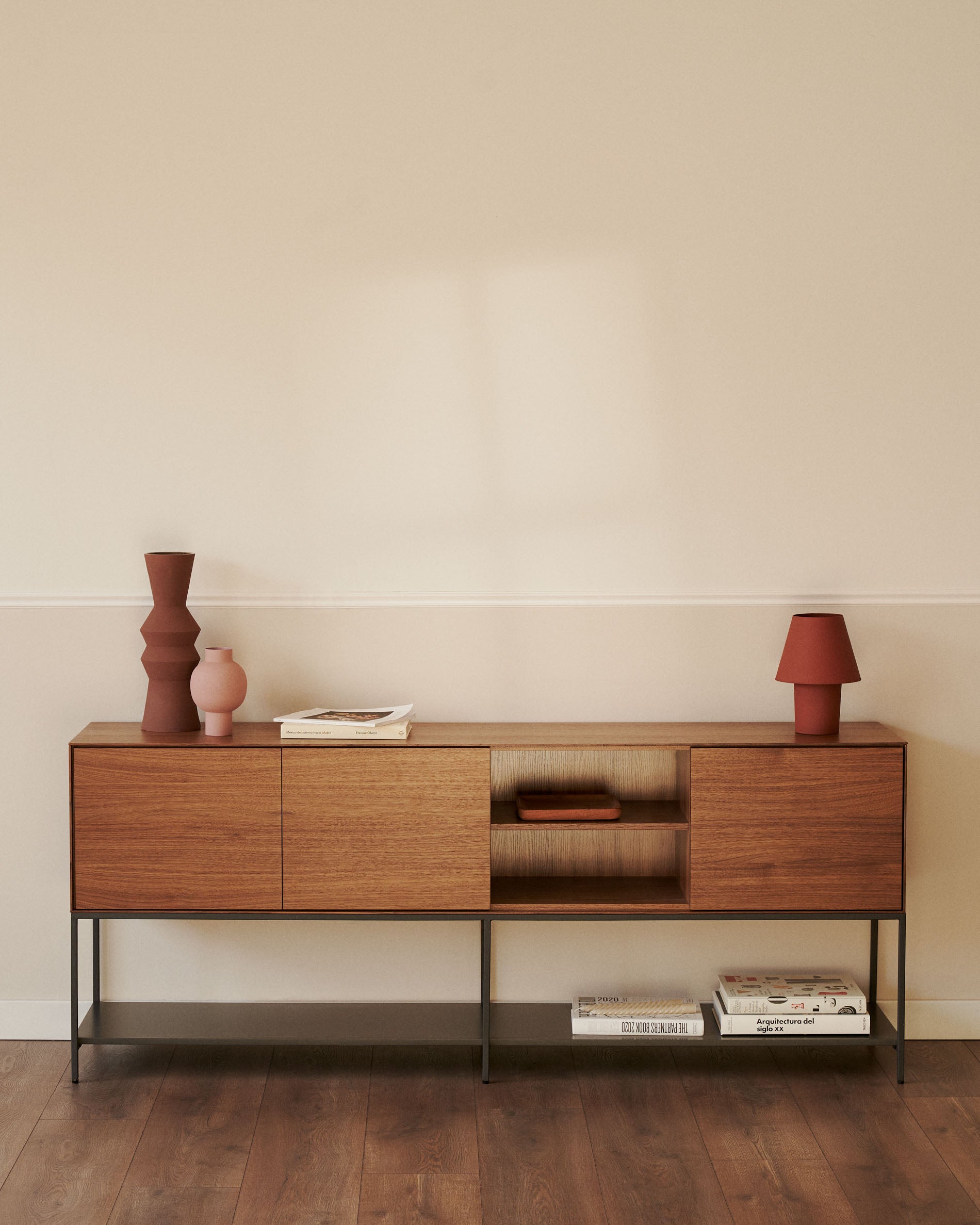Vedrana 3 door sideboard in walnut veneer with steel legs, 195 x 80 cm - Lifestyle