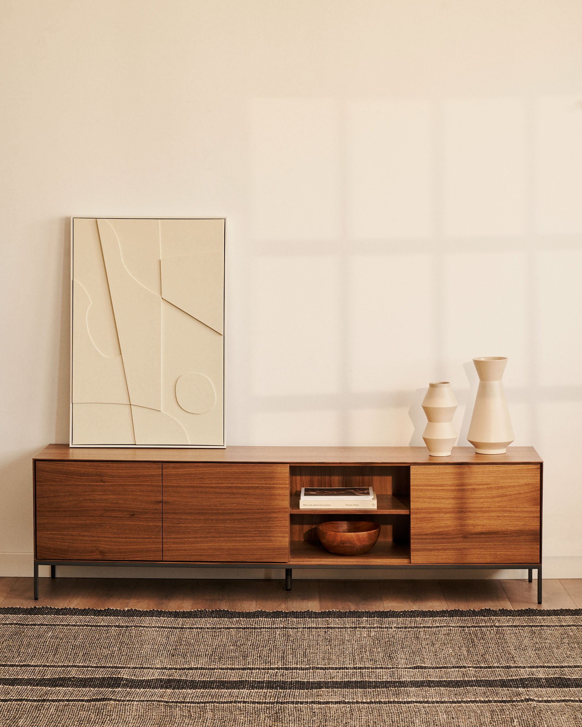 Vedrana 3-door TV stand in walnut veneer with black steel legs, 195 x 55 cm - Lifestyle