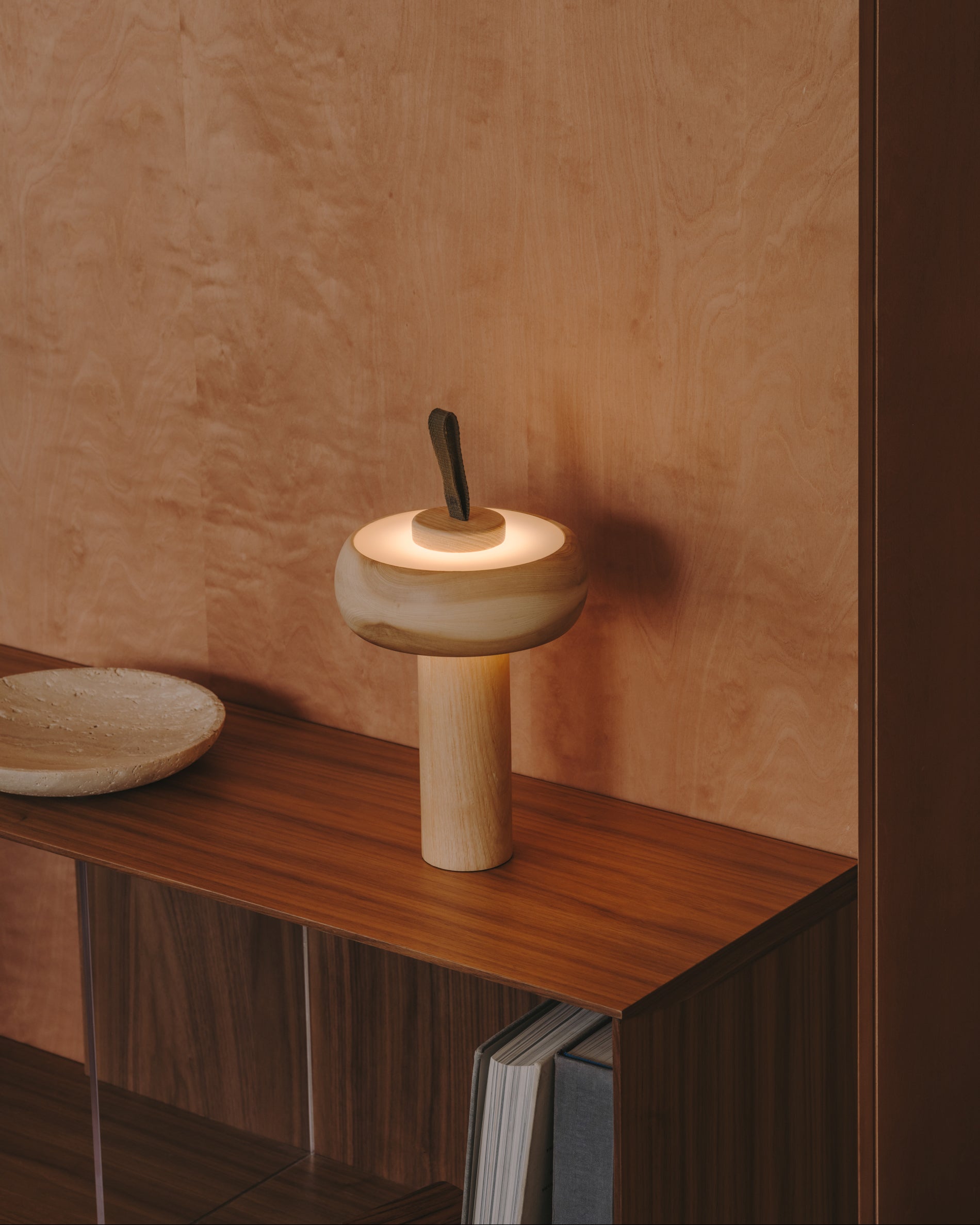 Luba solid ash portable table lamp with green cotton handle - Lifestyle