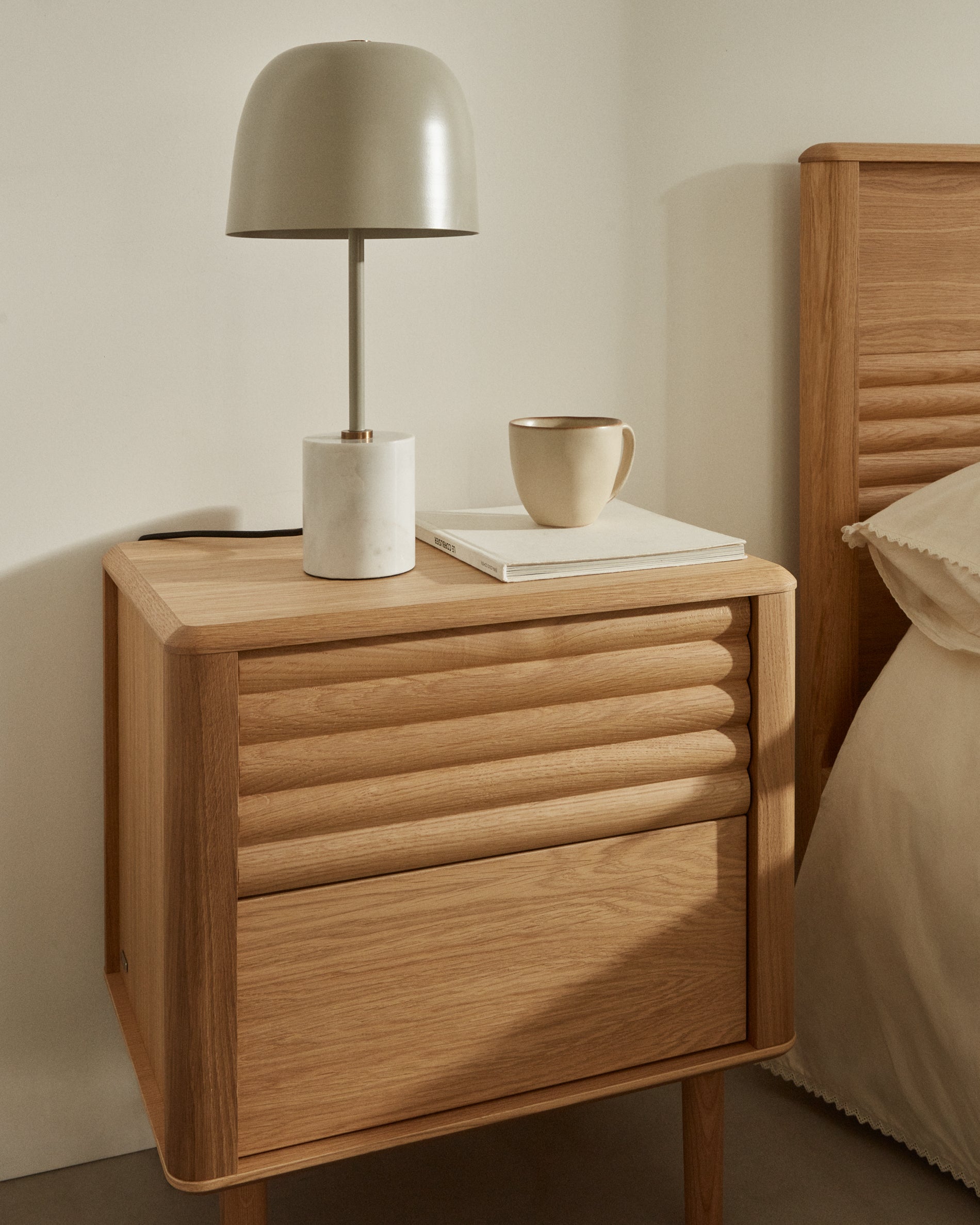 Lenon oak wood and veneer bedside table with 2 drawers, 50 x 55 cm FSC MIX Credit - Lifestyle