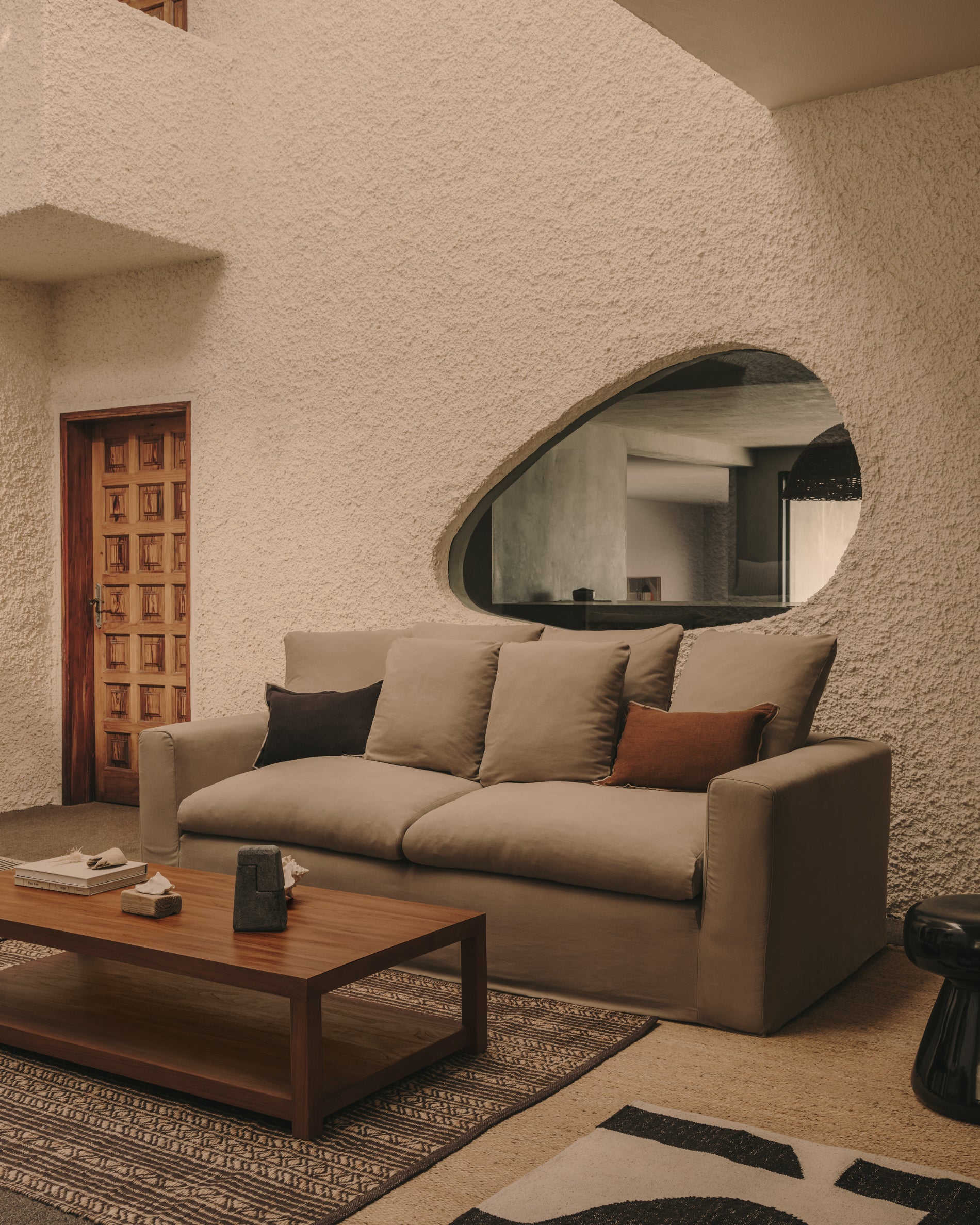 Nora three-seater sofa with ocher canvas and cotton cushions 240 cm