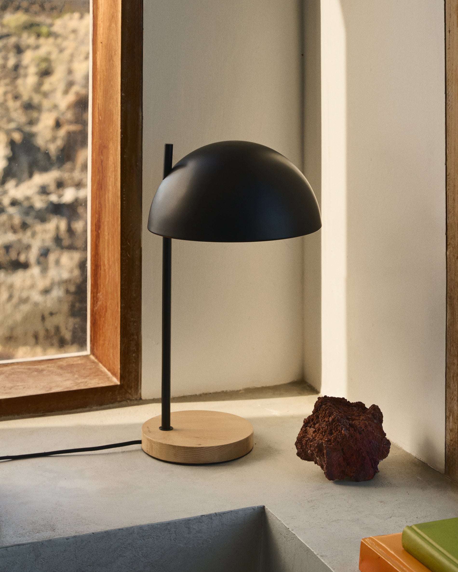 Catlar ash wood and metal table lamp in a black painted finish - Lifestyle