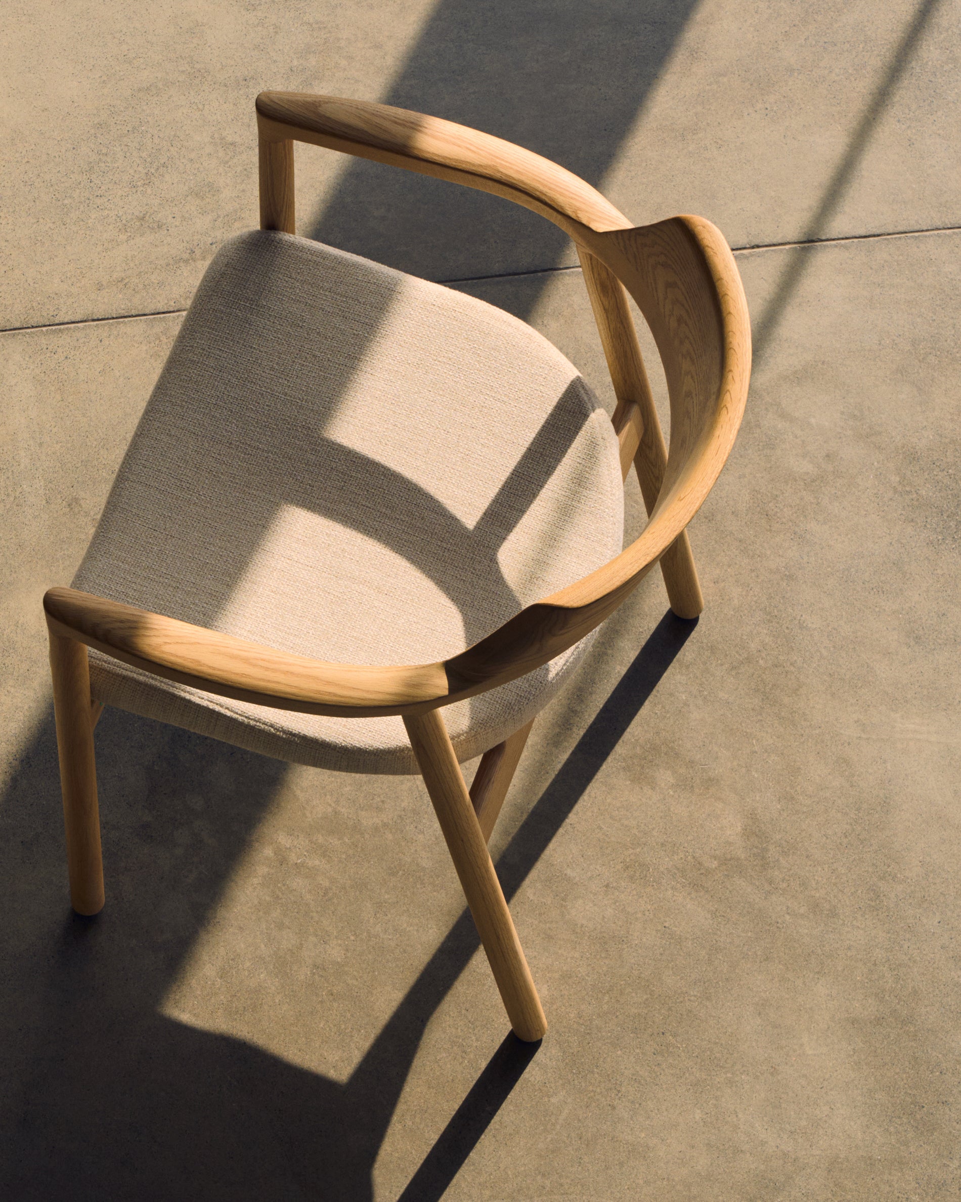 Alocs chair removable cover in beige chenille solid oak wood natural finish FSC Mix Credit - Lifestyle