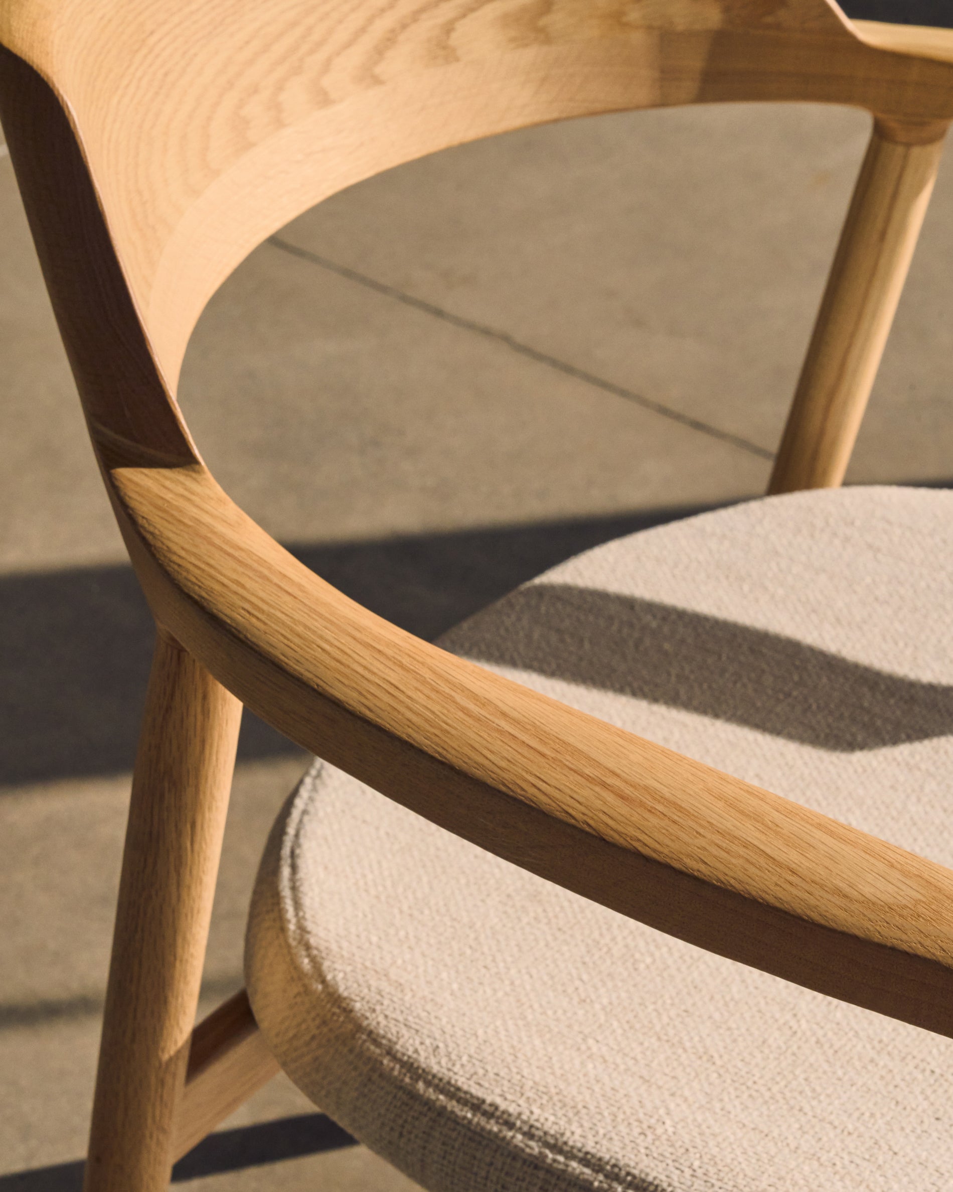 Alocs chair removable cover in beige chenille solid oak wood natural finish FSC Mix Credit - Lifestyle