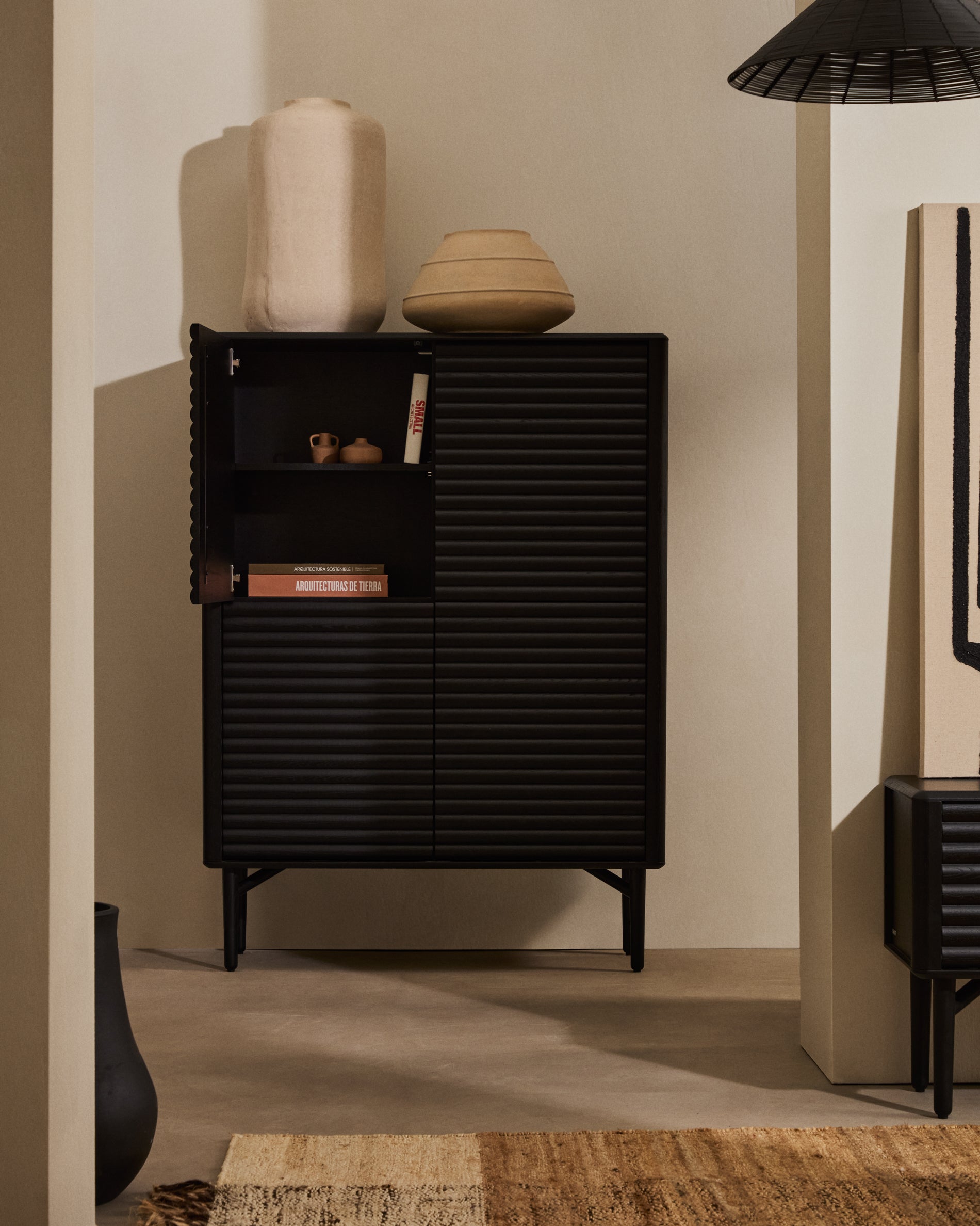 Lenon tall sideboard, 4 doors solid wood and black oak veneer 104,5x144 cm FSC Mix Credit - Lifestyle