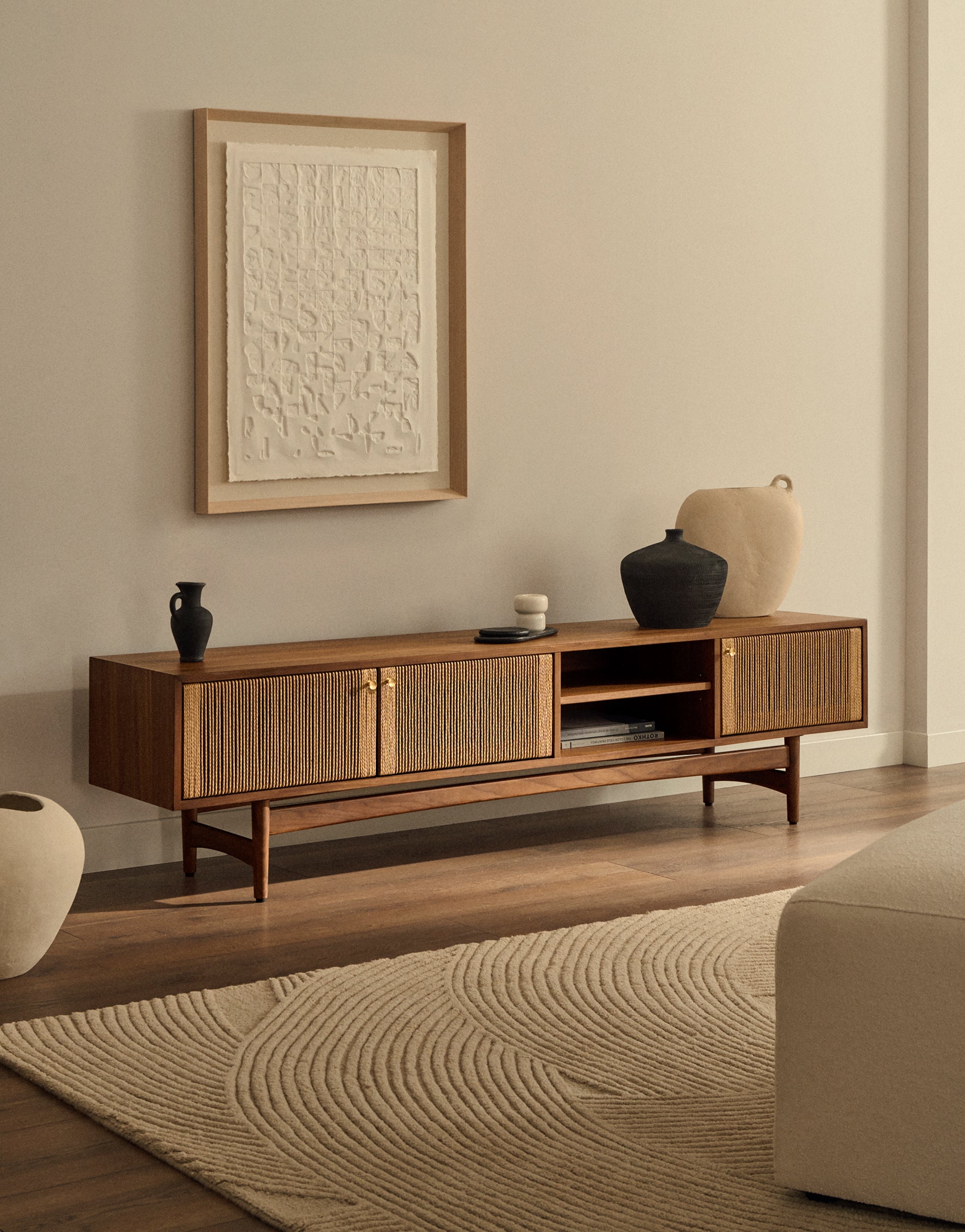 Elan TV cabinet 3 doors veneer and solid walnut and cord 200 x 50 cm FSC Mix Credit - Lifestyle