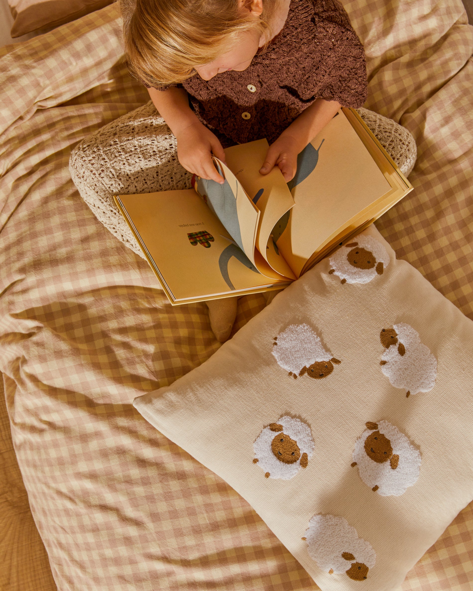 Milu cushion cover in beige cotton with sheep embroidery feature, 45 x 45 cm - Lifestyle