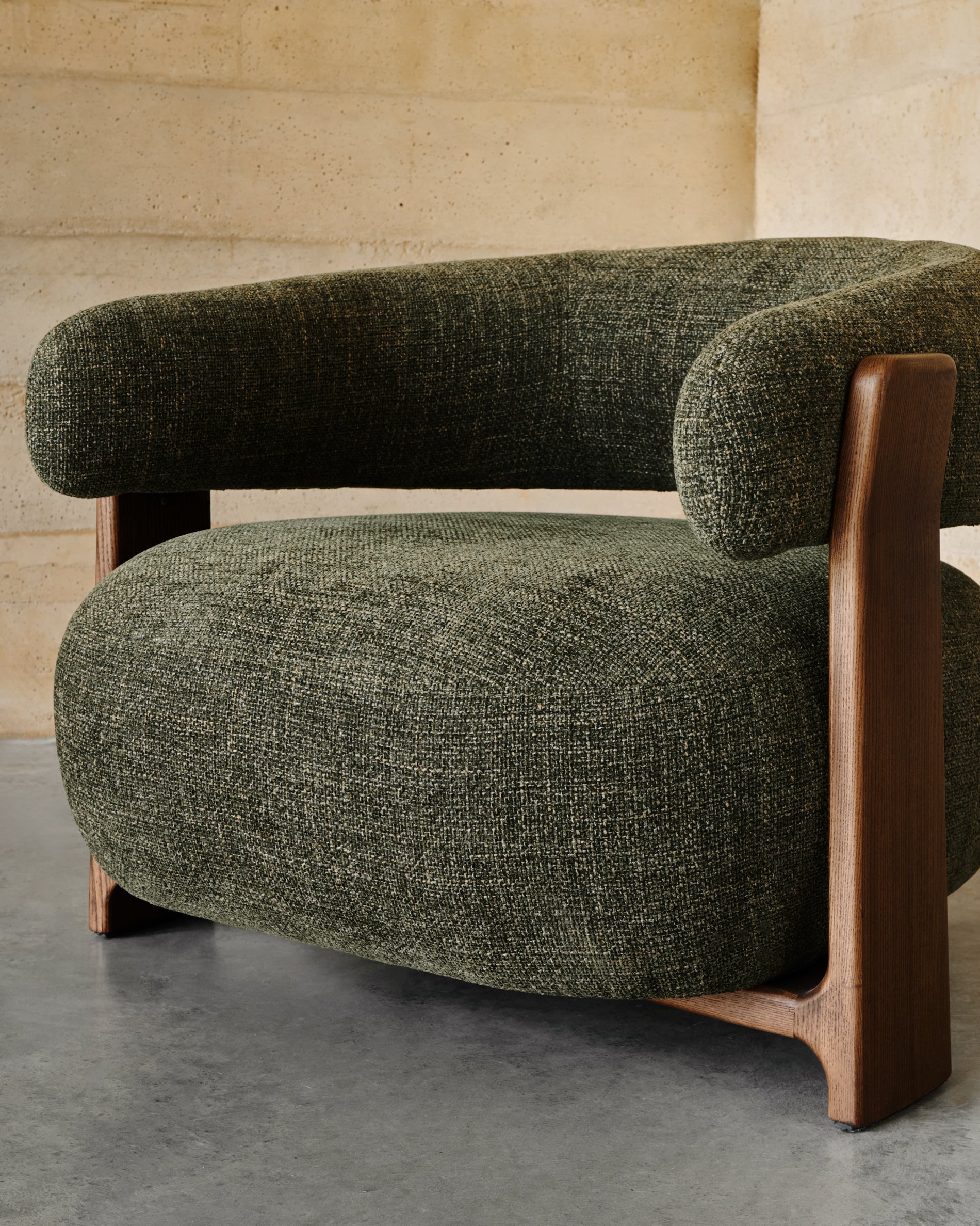 Granite green chenille armchair with solid ash wood legs in a walnut finish FSC 100% - Lifestyle