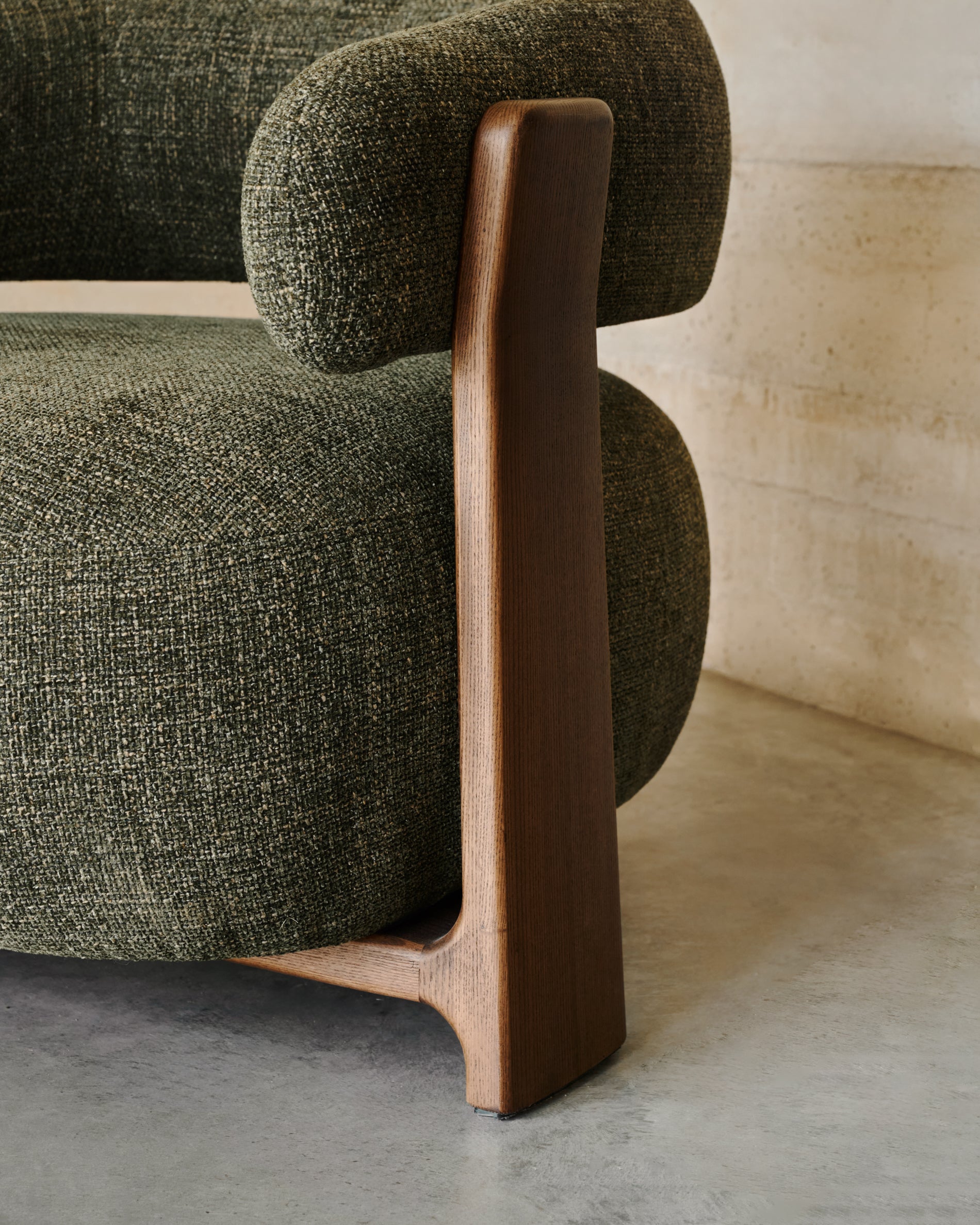 Granite green chenille armchair with solid ash wood legs in a walnut finish FSC 100% - Lifestyle