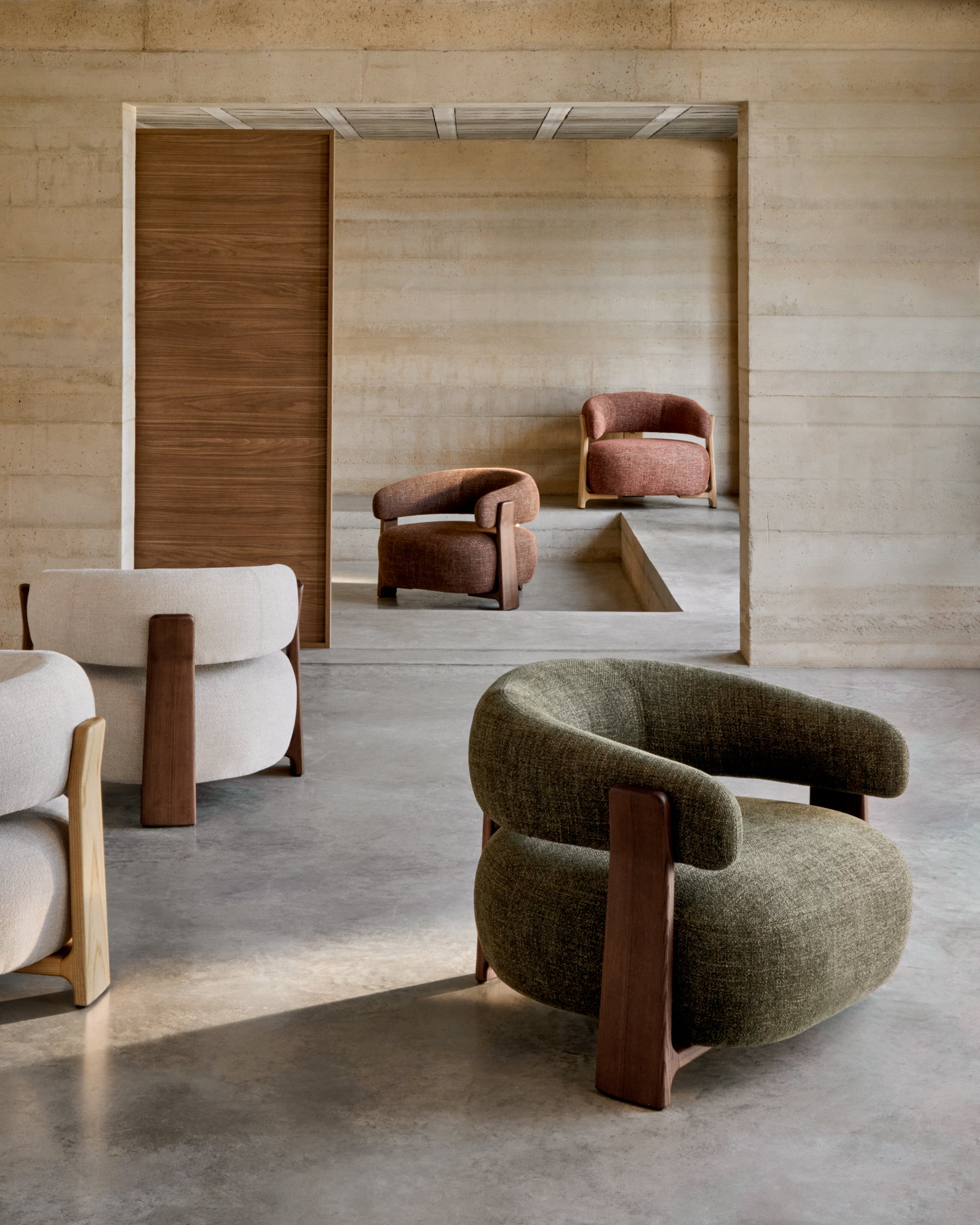 Granite green chenille armchair with solid ash wood legs in a walnut finish FSC 100% - Lifestyle
