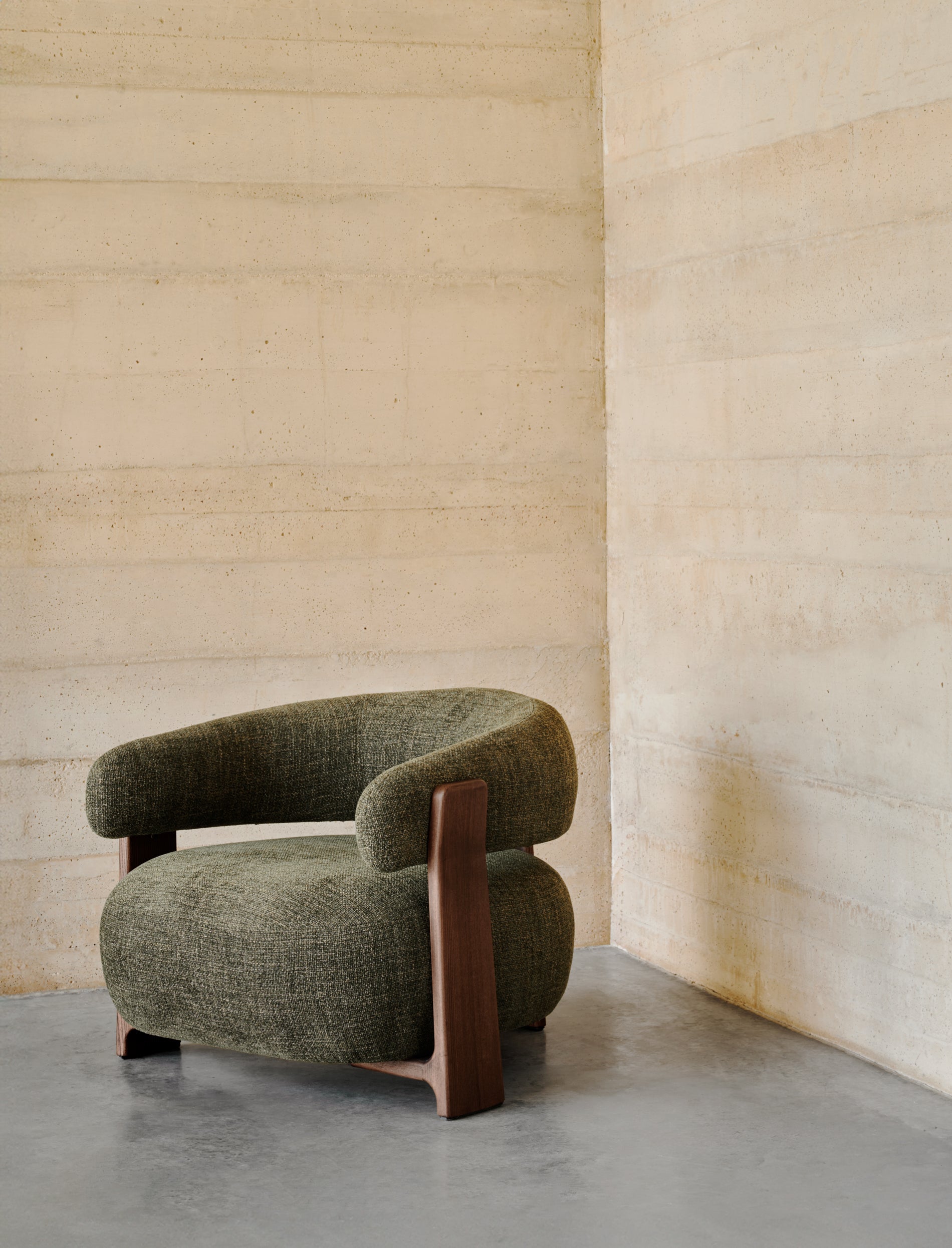 Granite green chenille armchair with solid ash wood legs in a walnut finish FSC 100% - Lifestyle