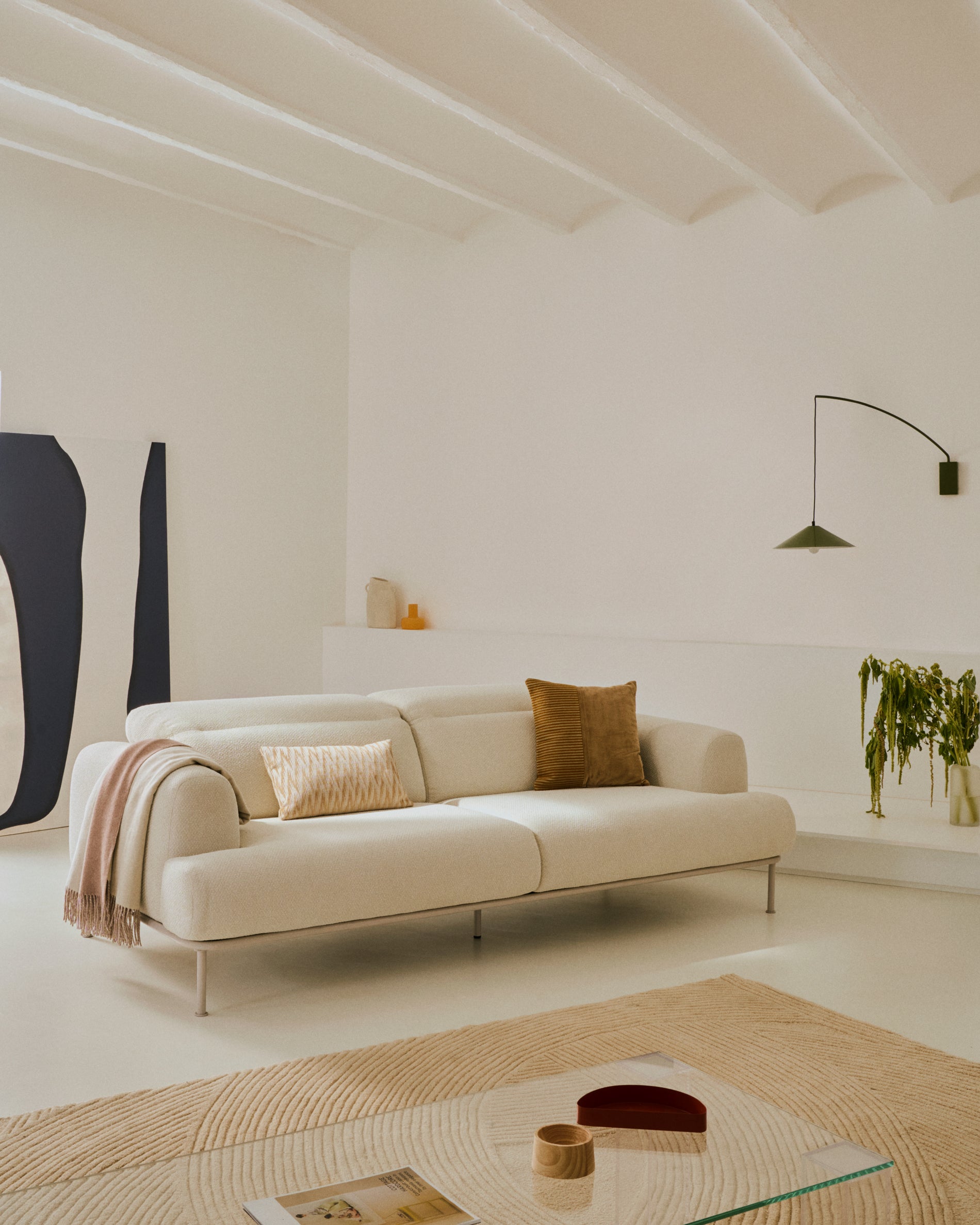 Aurum 3-seater sofa in ecru chenille with reclining headrest and matte beige metal base 234cm FSC Mix Credit - Lifestyle