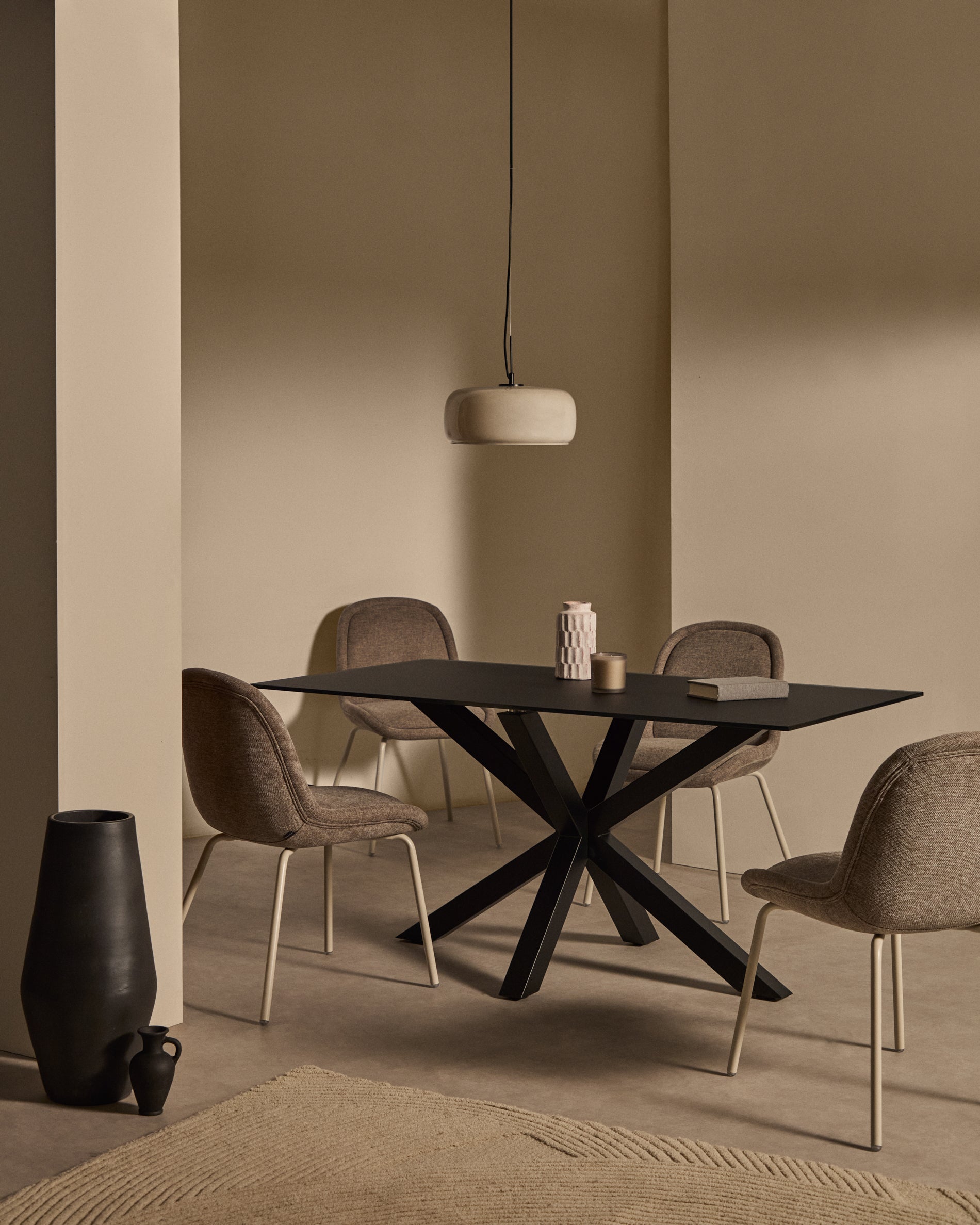 Aimin chair in brown chenille and steel legs with a matte beige painted finish FSC Mix Credit - Lifestyle