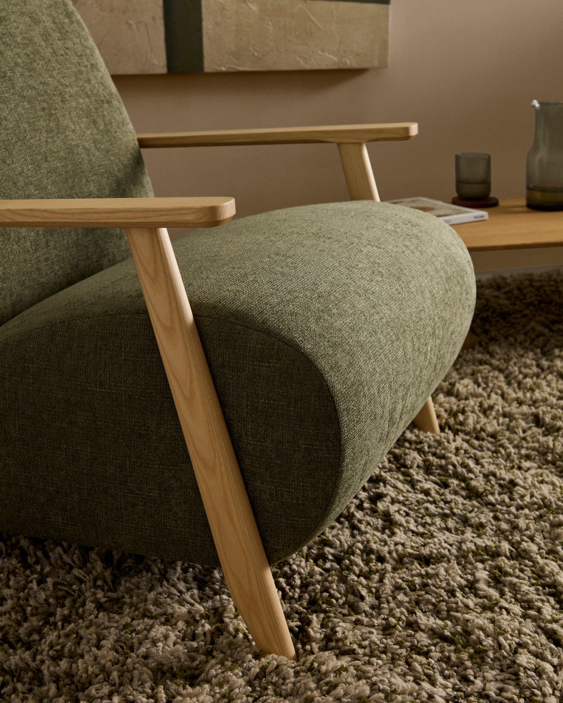 Meghan armchair in green chenille and with solid beech wood in a natural finish FSC Mix Credit - Lifestyle