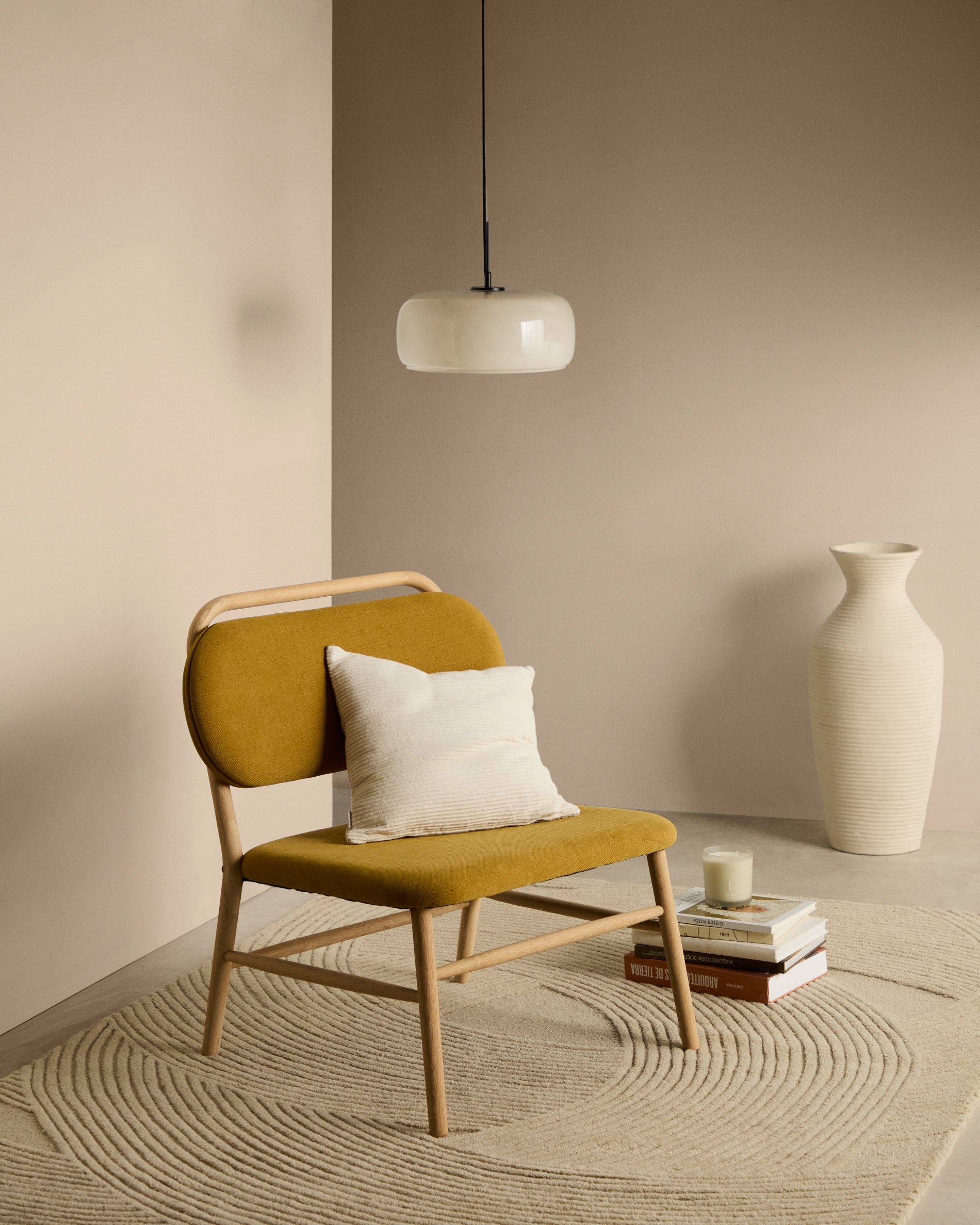 Helda armchair in mustard-coloured chenille and FSC Mix Credit solid oak wood - Lifestyle
