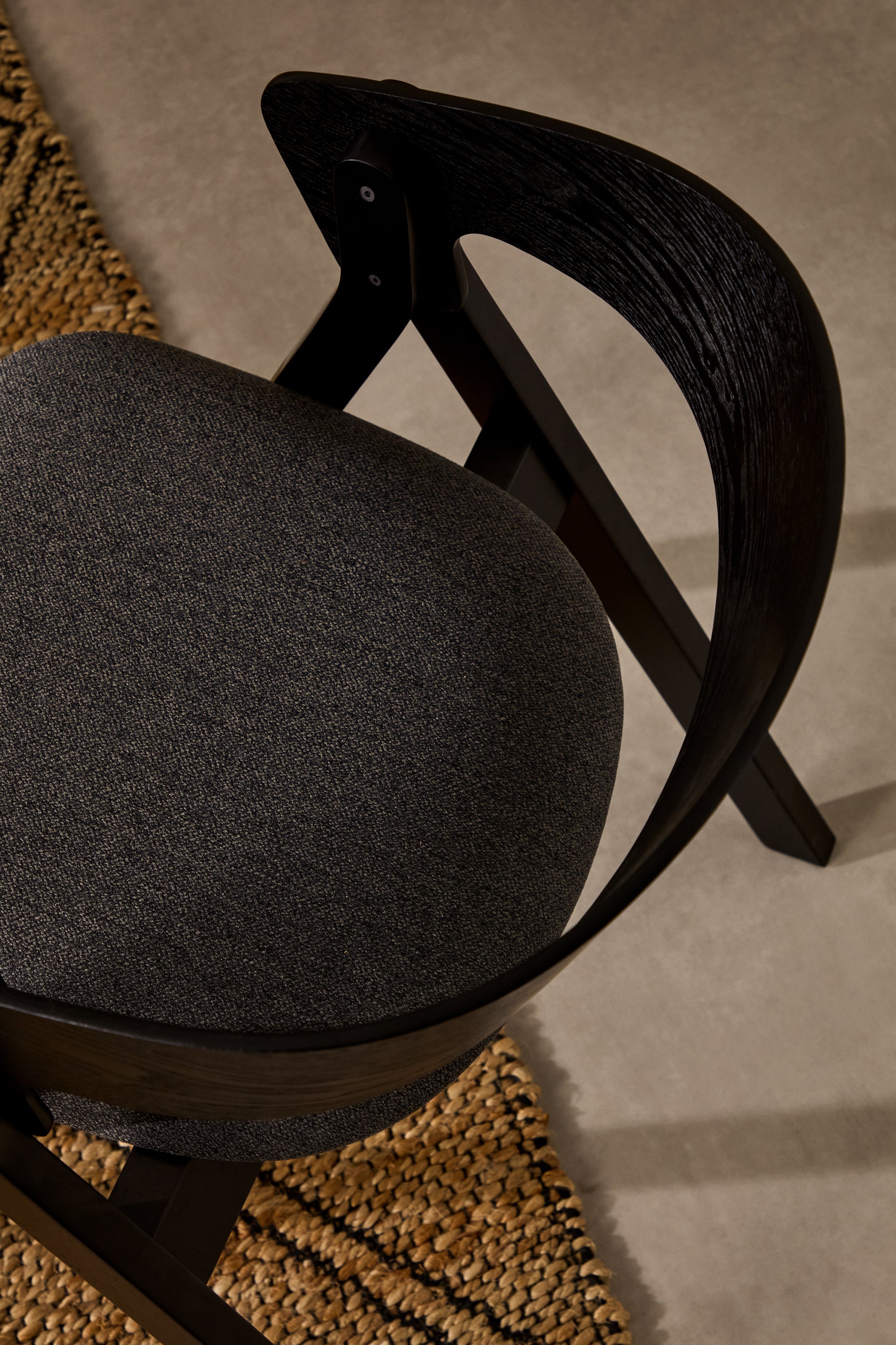 Godia chair in ash veneer with a black finish and grey chenille - Lifestyle
