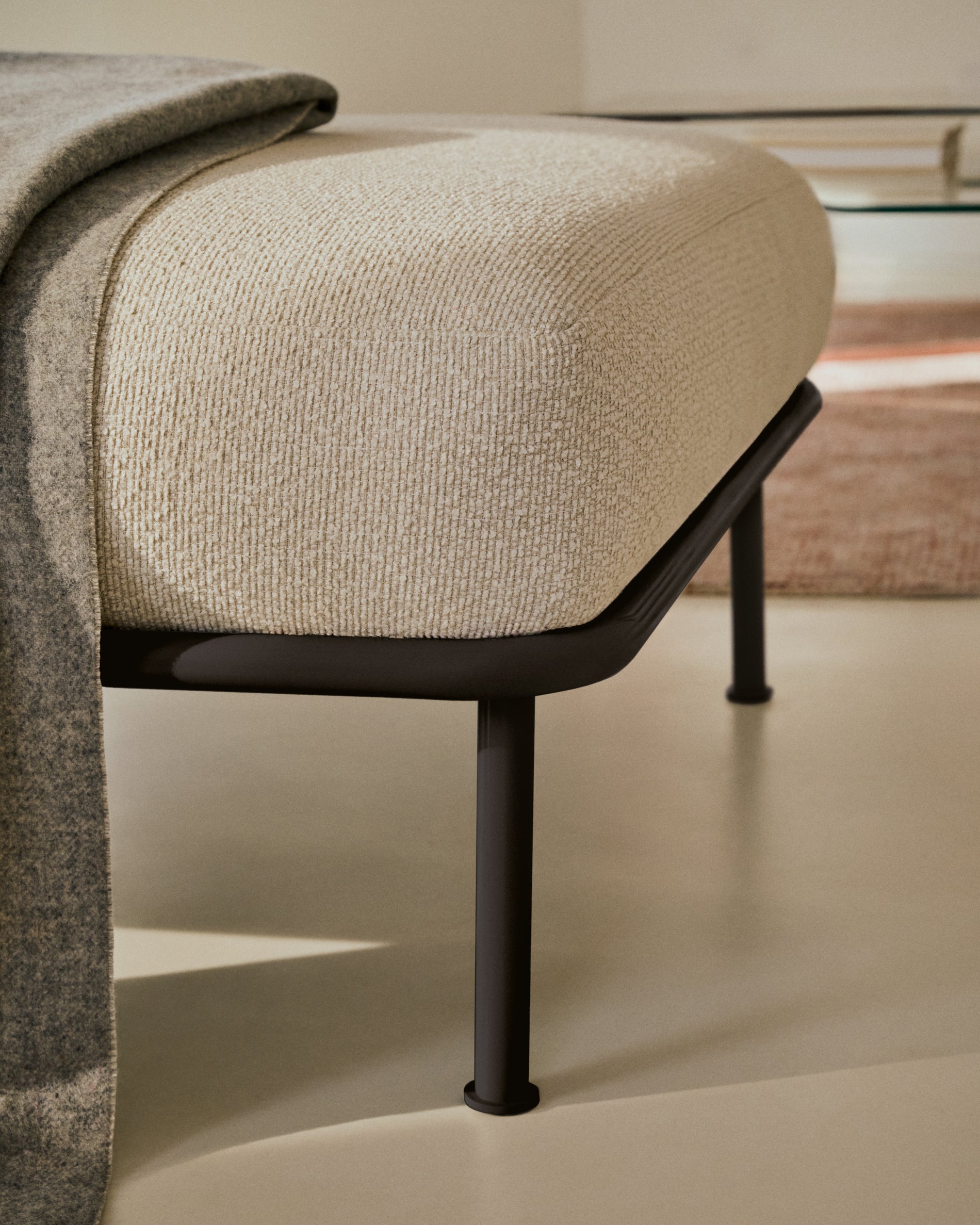 Aurum ecru chenille footrest with matte grey metal base 85 x 85cm FSC Mix Credit - Lifestyle