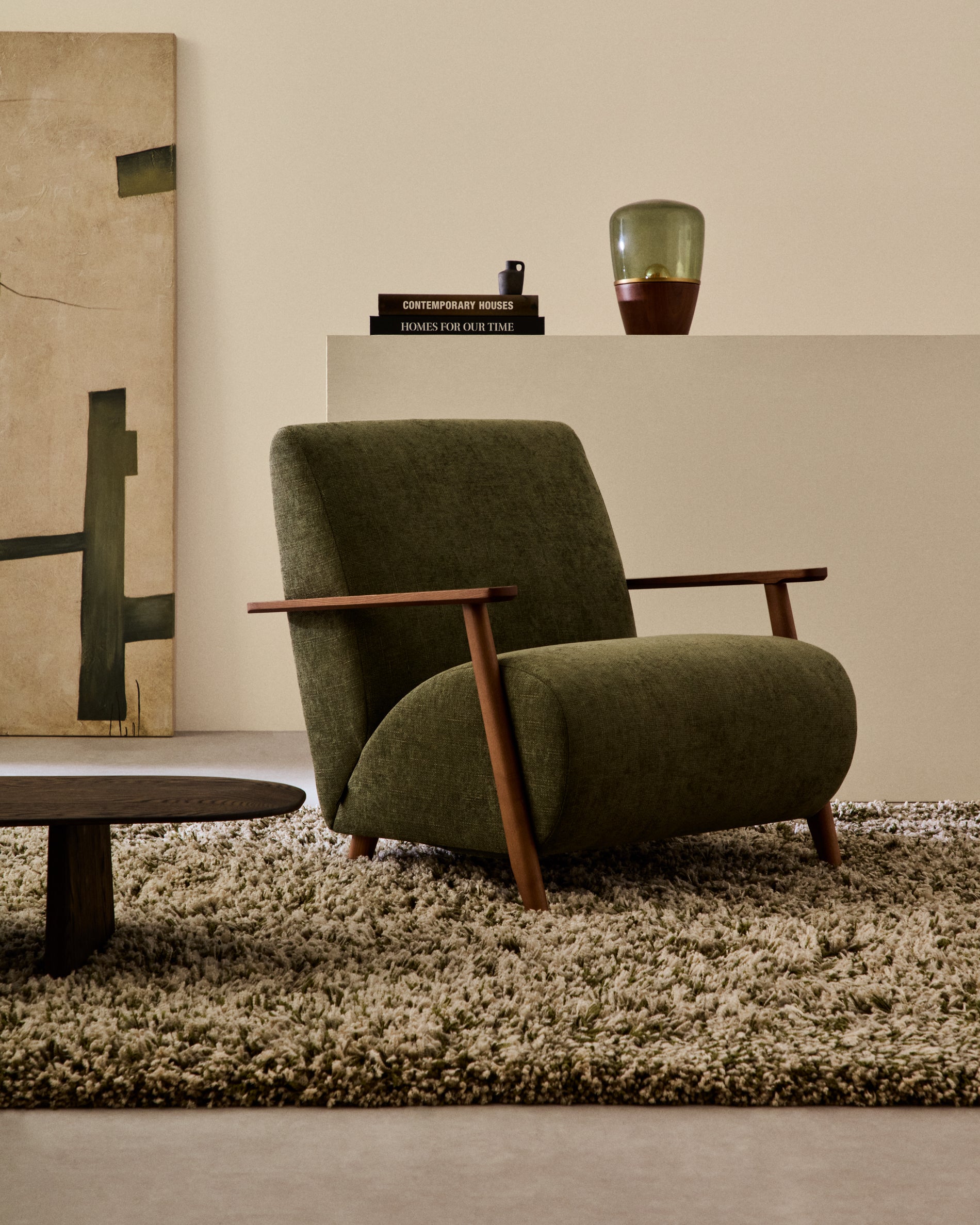 Meghan armchair in green chenille and solid ash wood with walnut finish FSC Mix Credit - Lifestyle