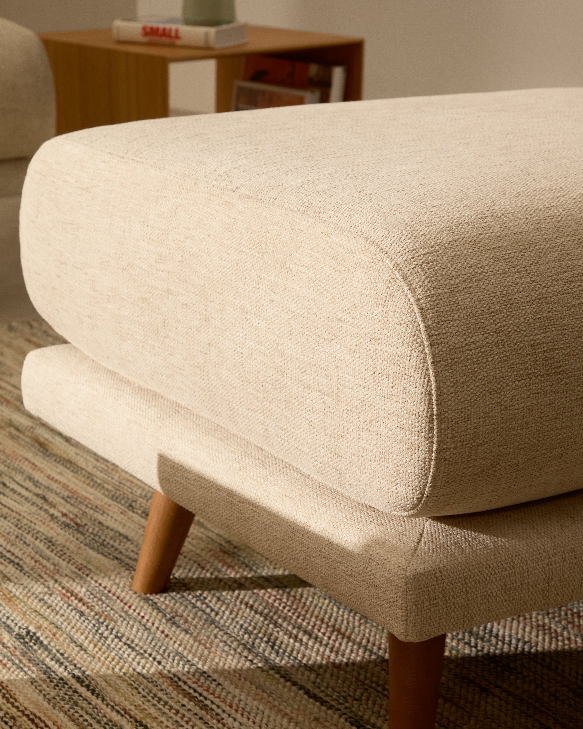 Karin footrest in beige chenille with solid beech wood legs 90 x 70cm - Lifestyle