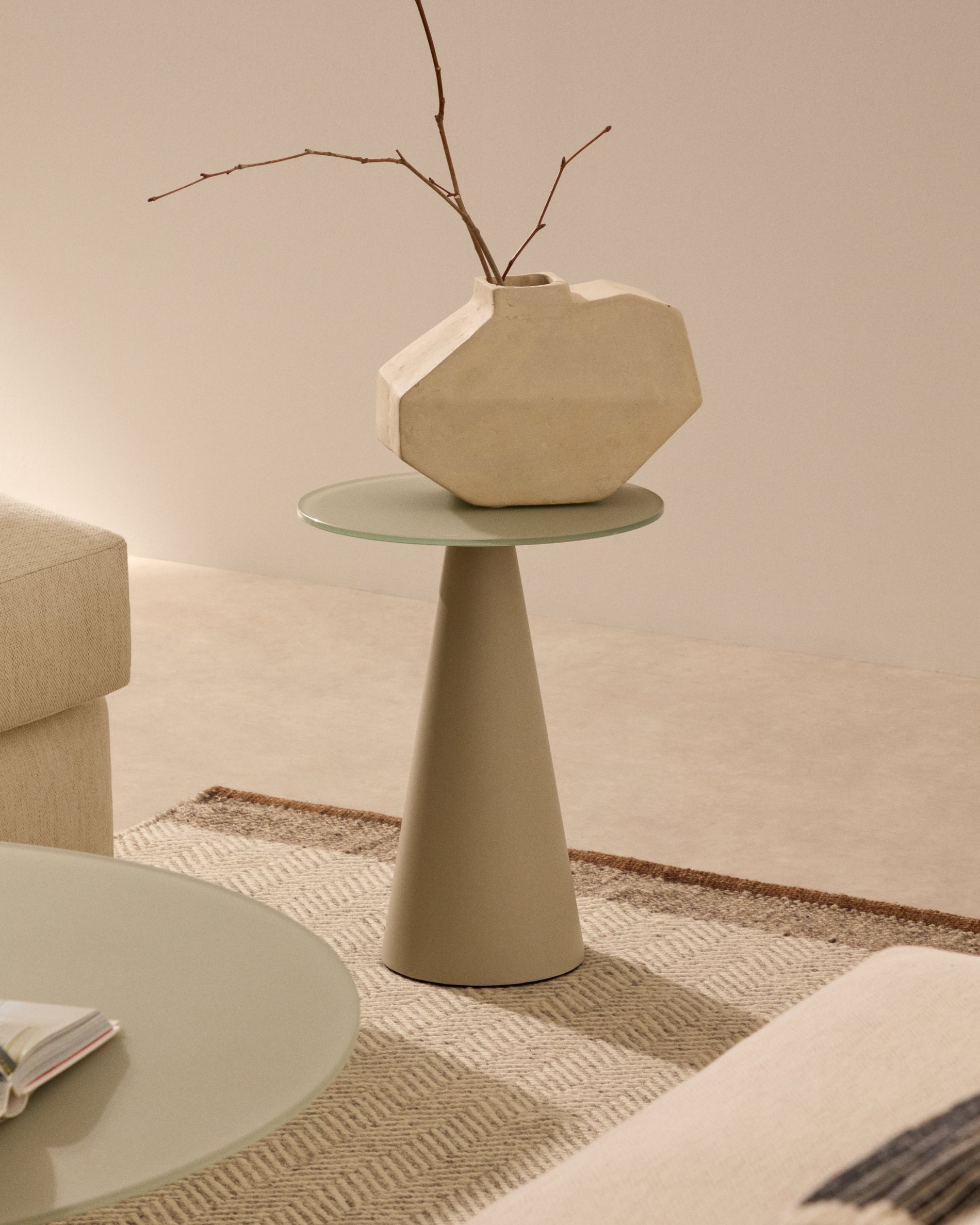 Wilshire side table with frosted tempered glass and steel with matt grey painted finish Ø35cm - Lifestyle