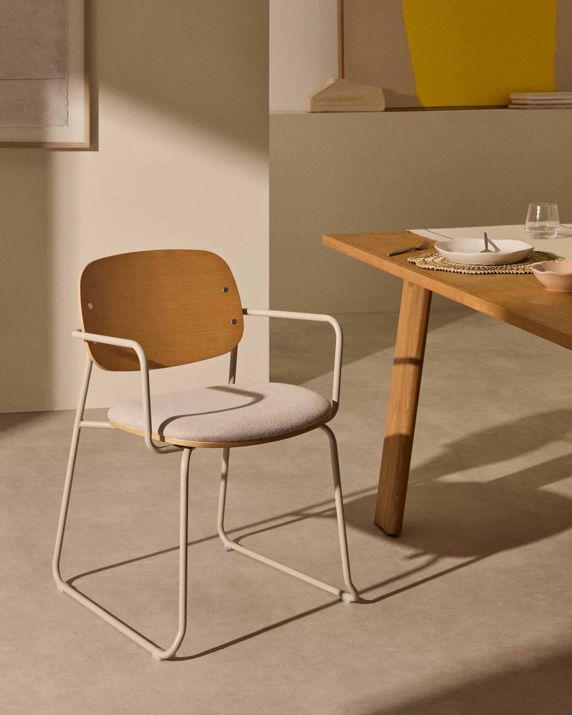 Meli chair in ash veneer with beige chenille seat and beige metal structure FSC Mix Credit - Lifestyle