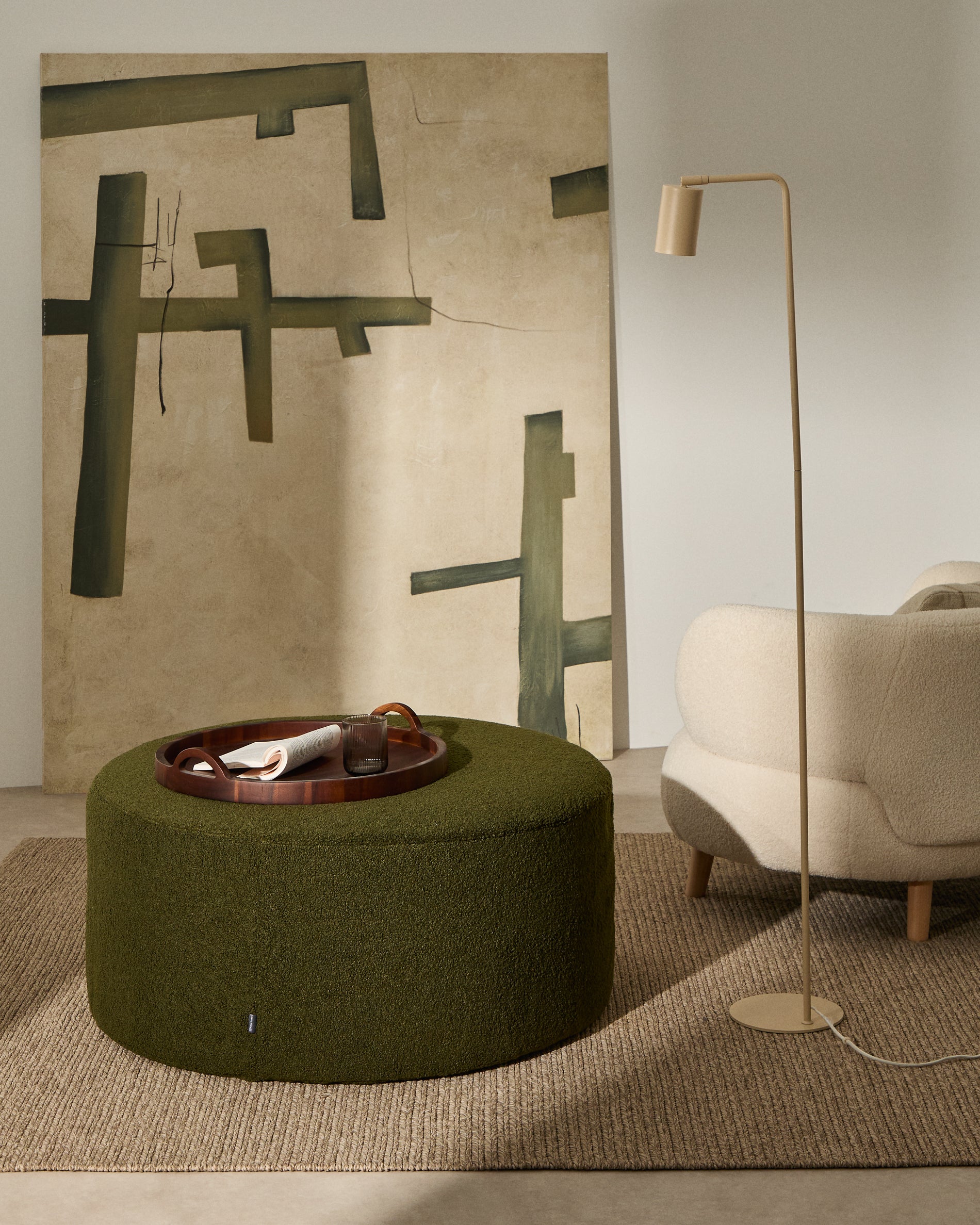 Kaeli footrest with removable cover in green bouclé Ø 90 cm - Lifestyle
