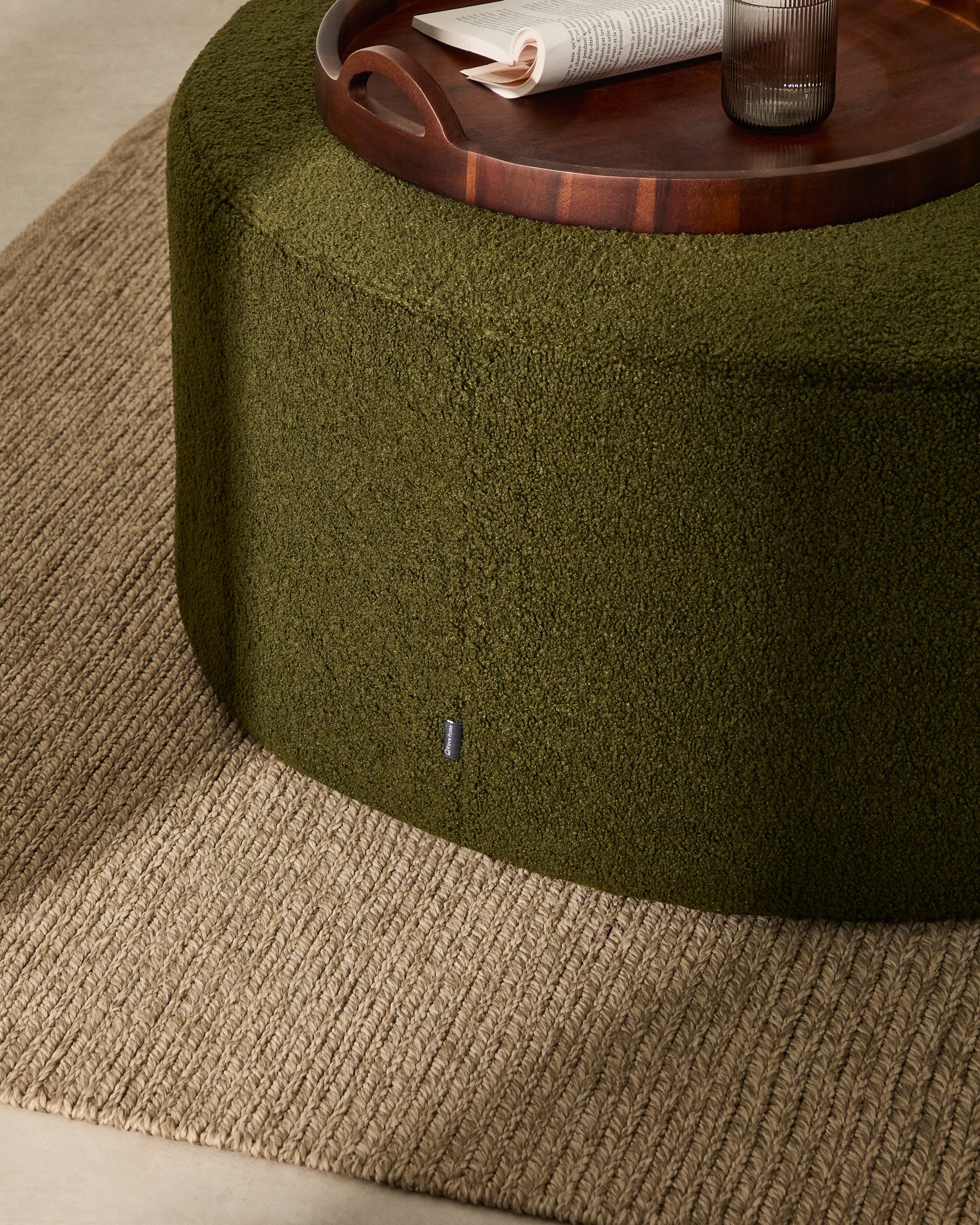 Kaeli footrest with removable cover in green bouclé Ø 90 cm - Lifestyle