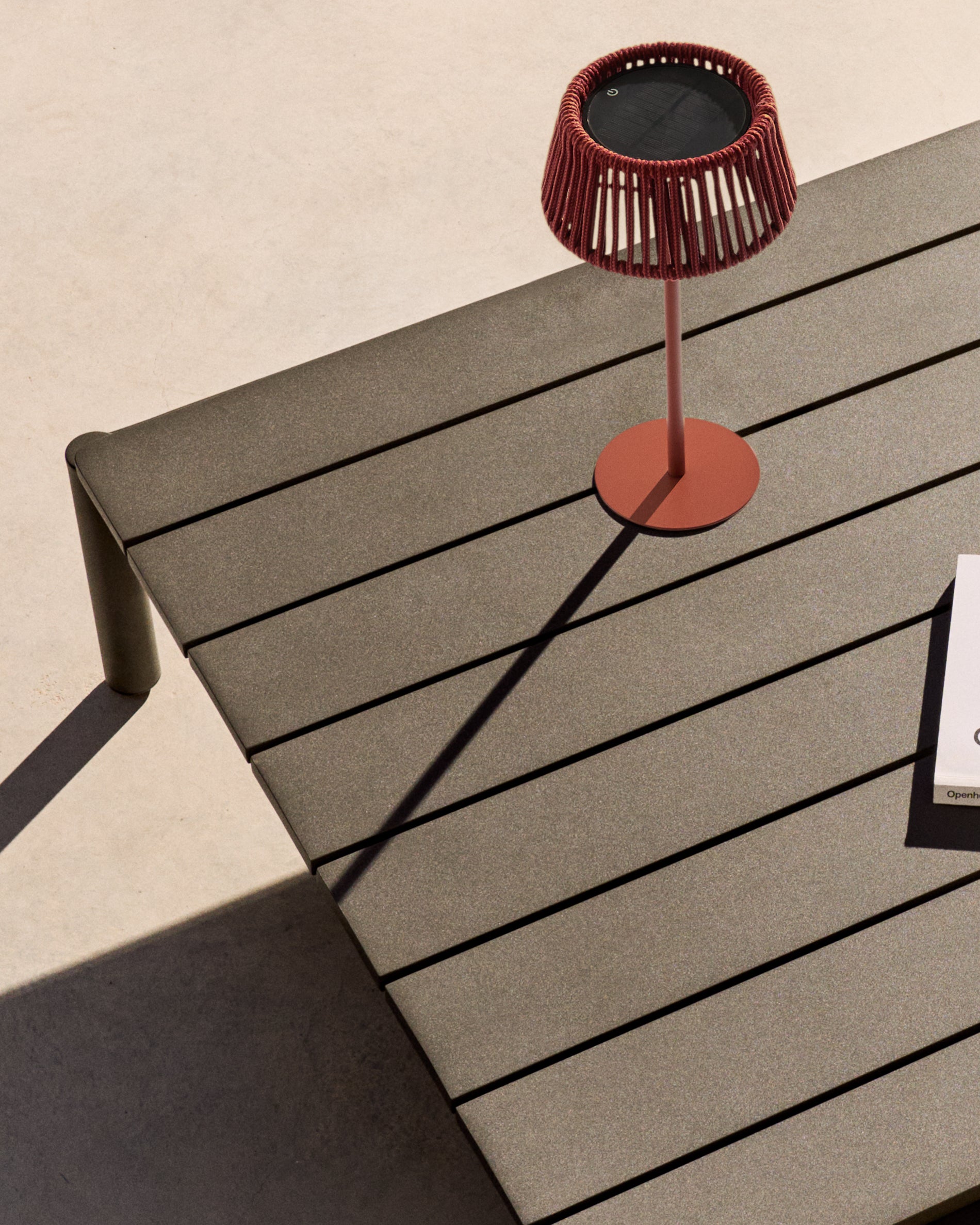 Aldet outdoor solar table lamp in terracotta mottled rope cord with terracotta metal stand - Lifestyle