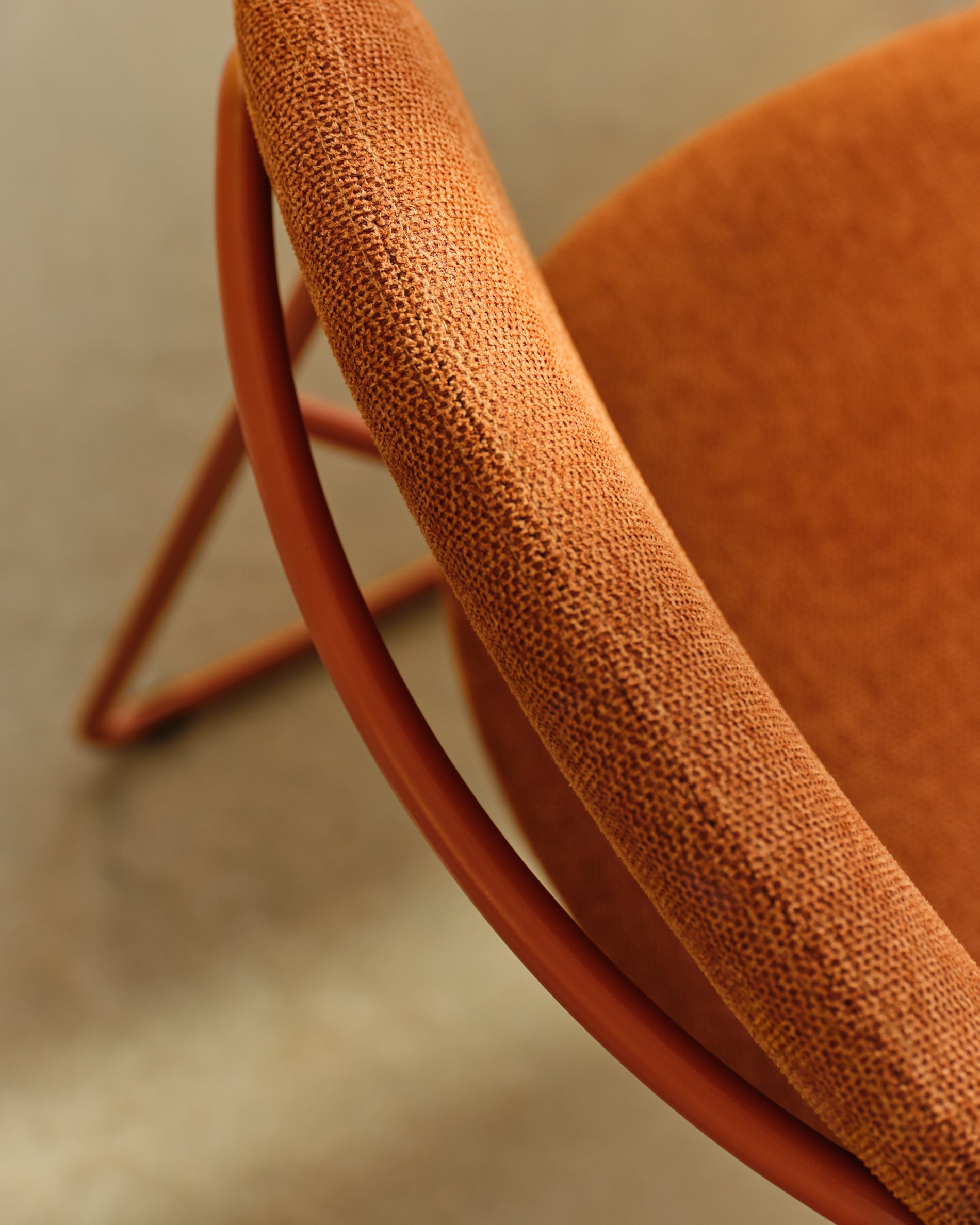 Meli stackable chair in terracotta chenille with terracotta metal legs FSC Mix Credit - Lifestyle