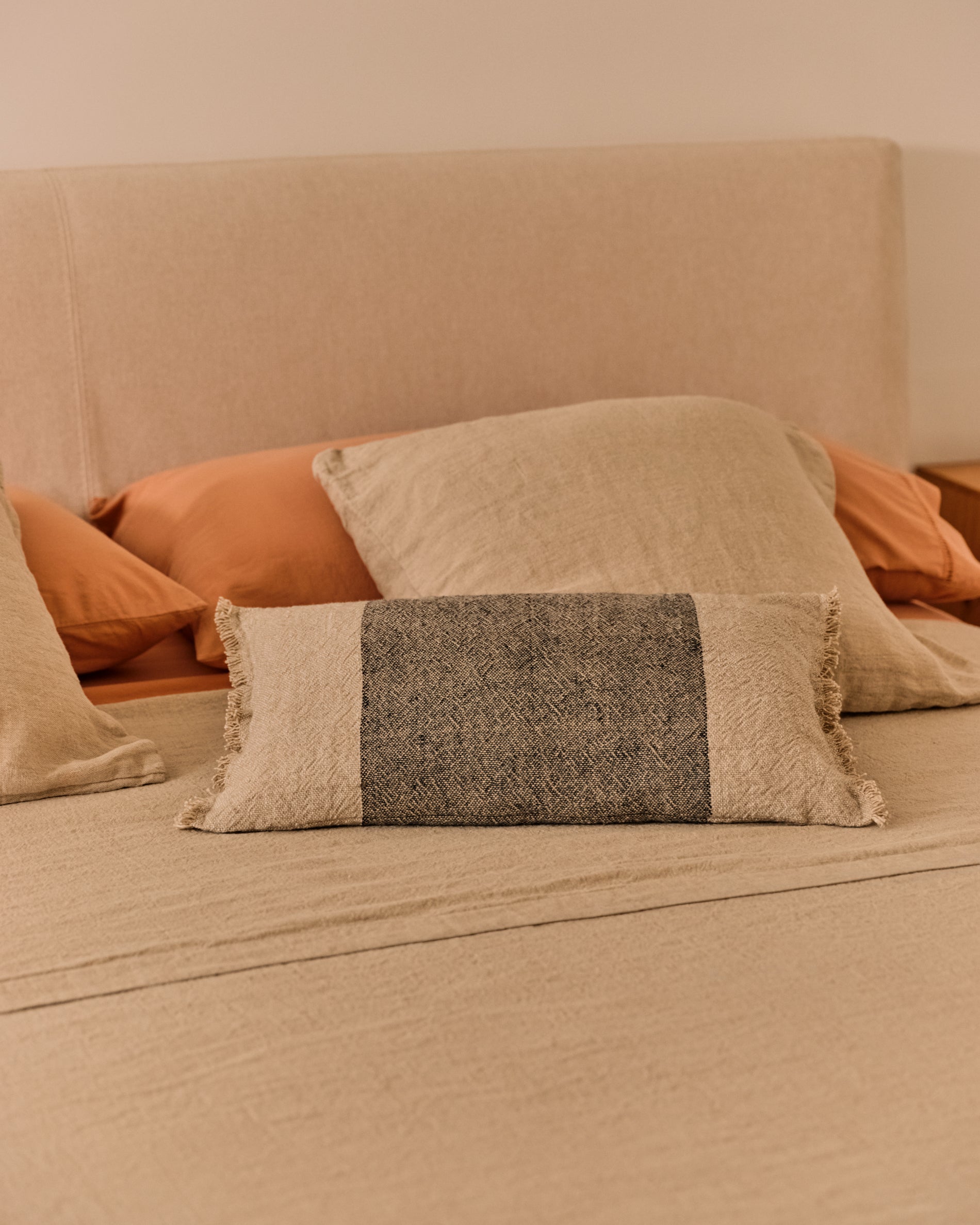 Lorin green linen and cotton cushion cover with fringing 30 x 50cm - Lifestyle
