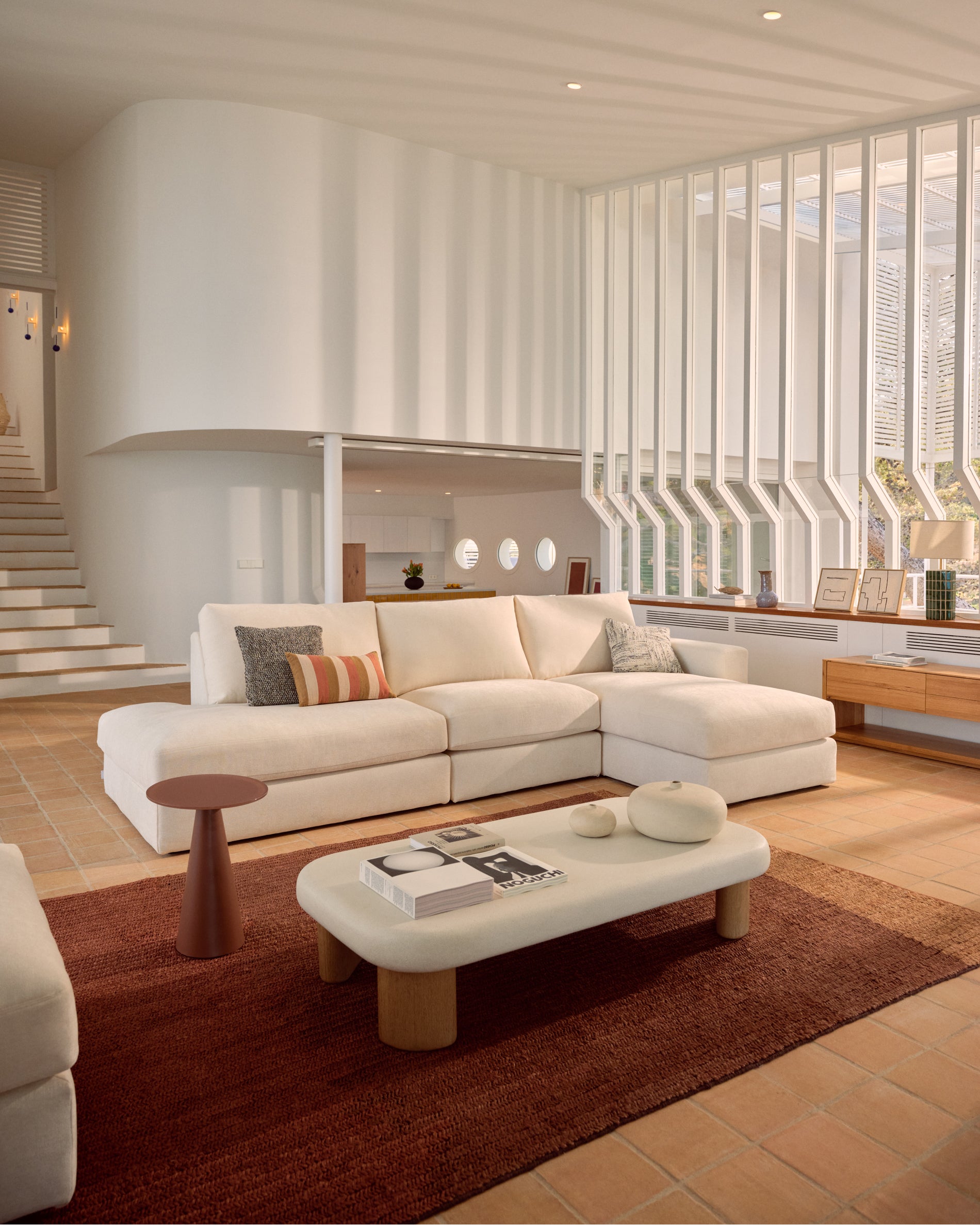 Alea ecru chenille 5-seater modular sofa with right chaise longue and removable cover 340cm