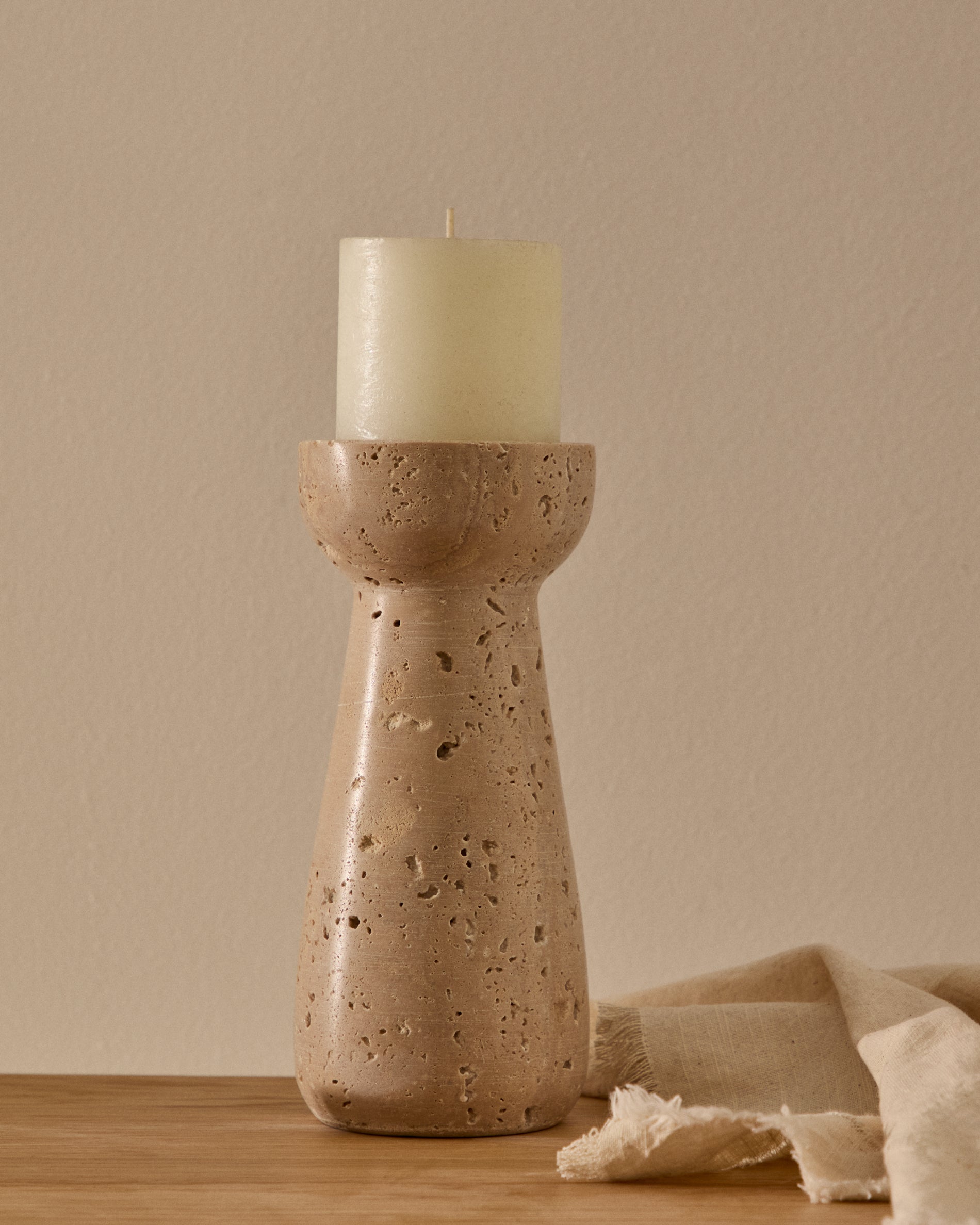 Magan small beige travertine candle holder - Lifestyle